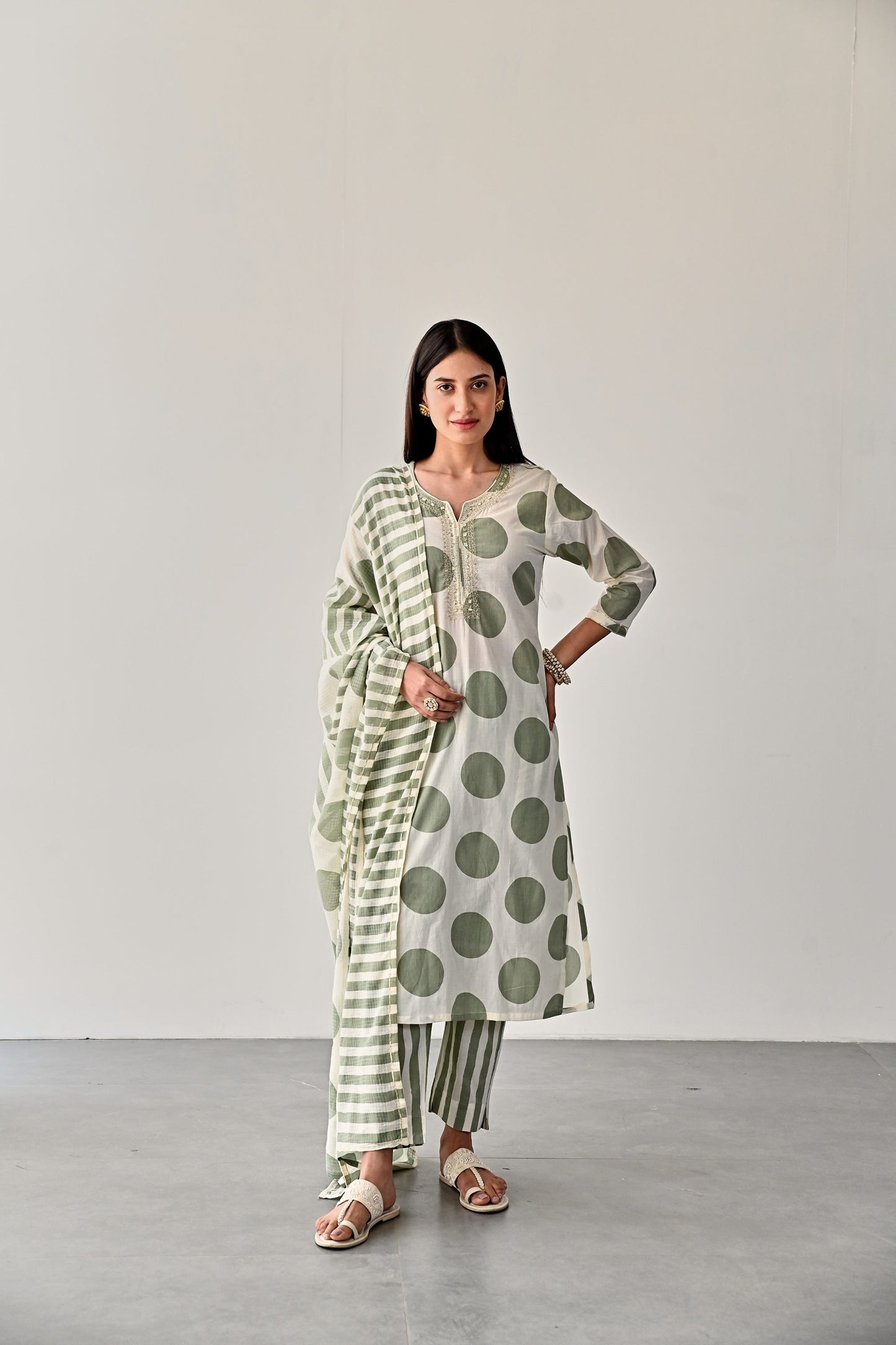 Green Polka Dot Kurta Set