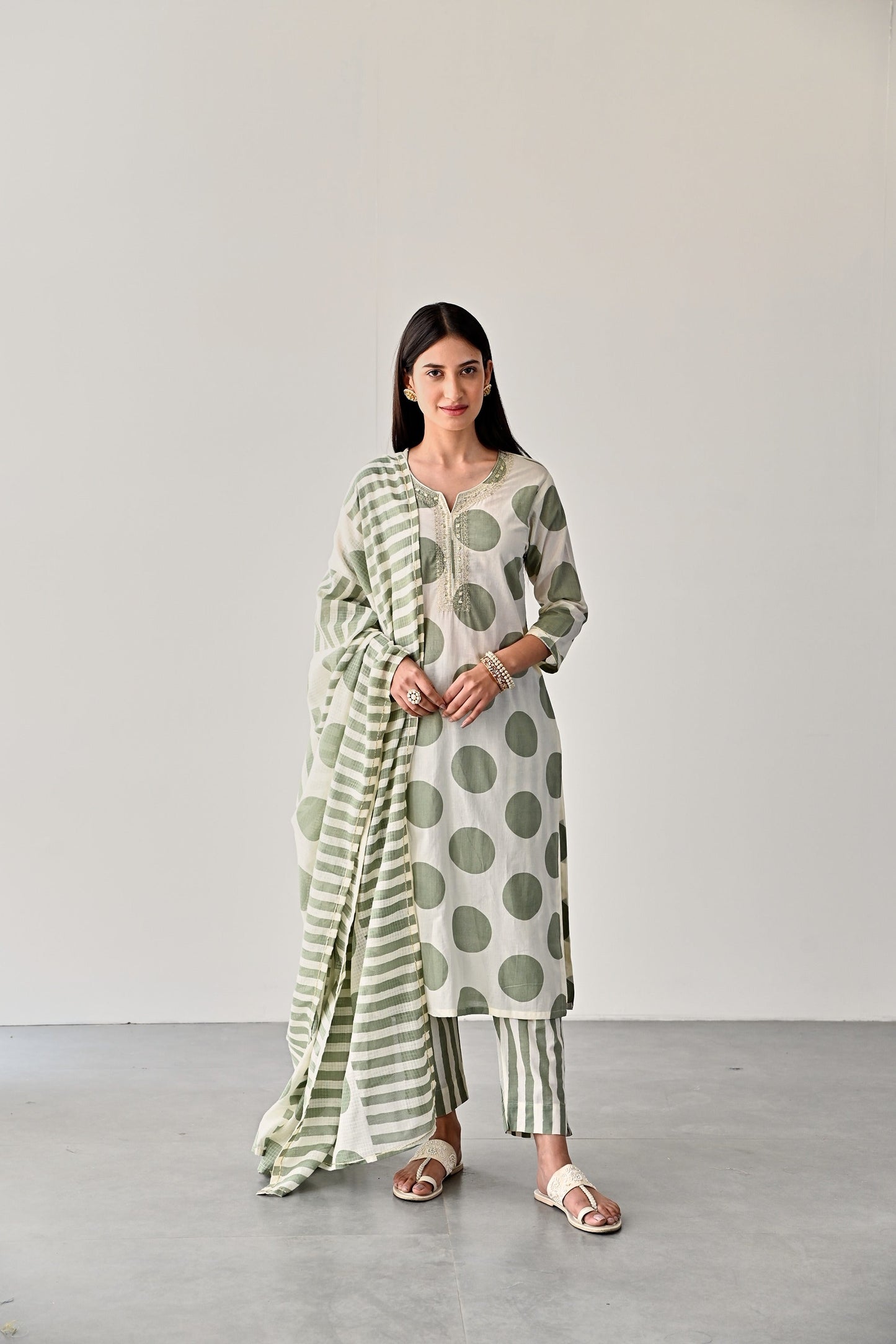 Green Polka Dot Kurta Set