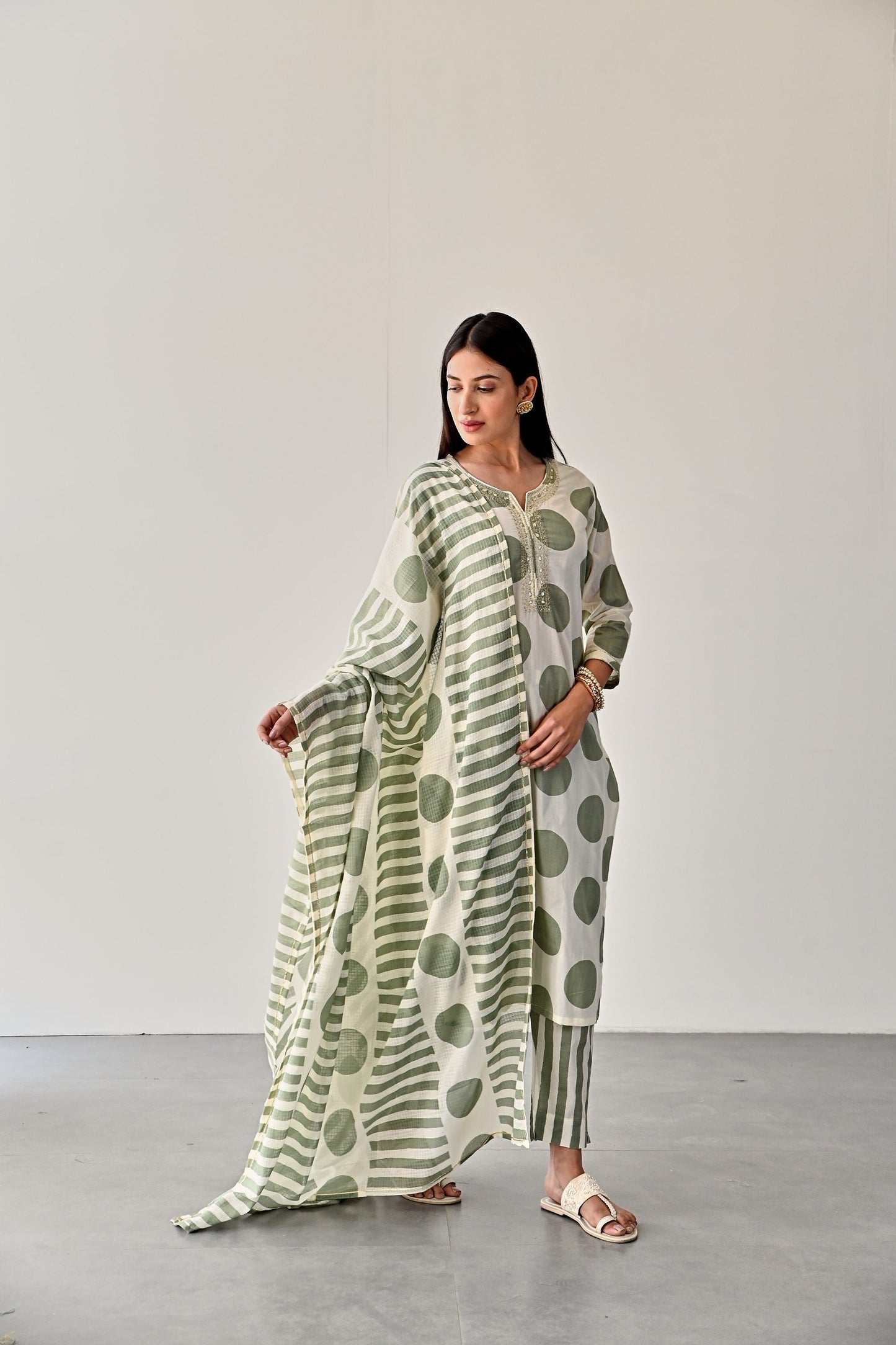 Green Polka Dot Kurta Set
