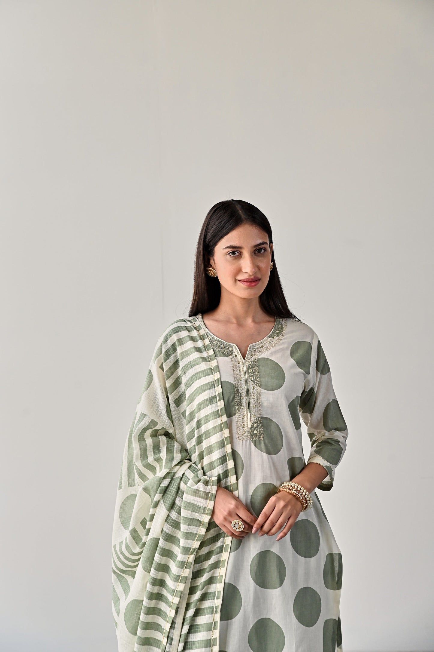 Green Polka Dot Kurta Set