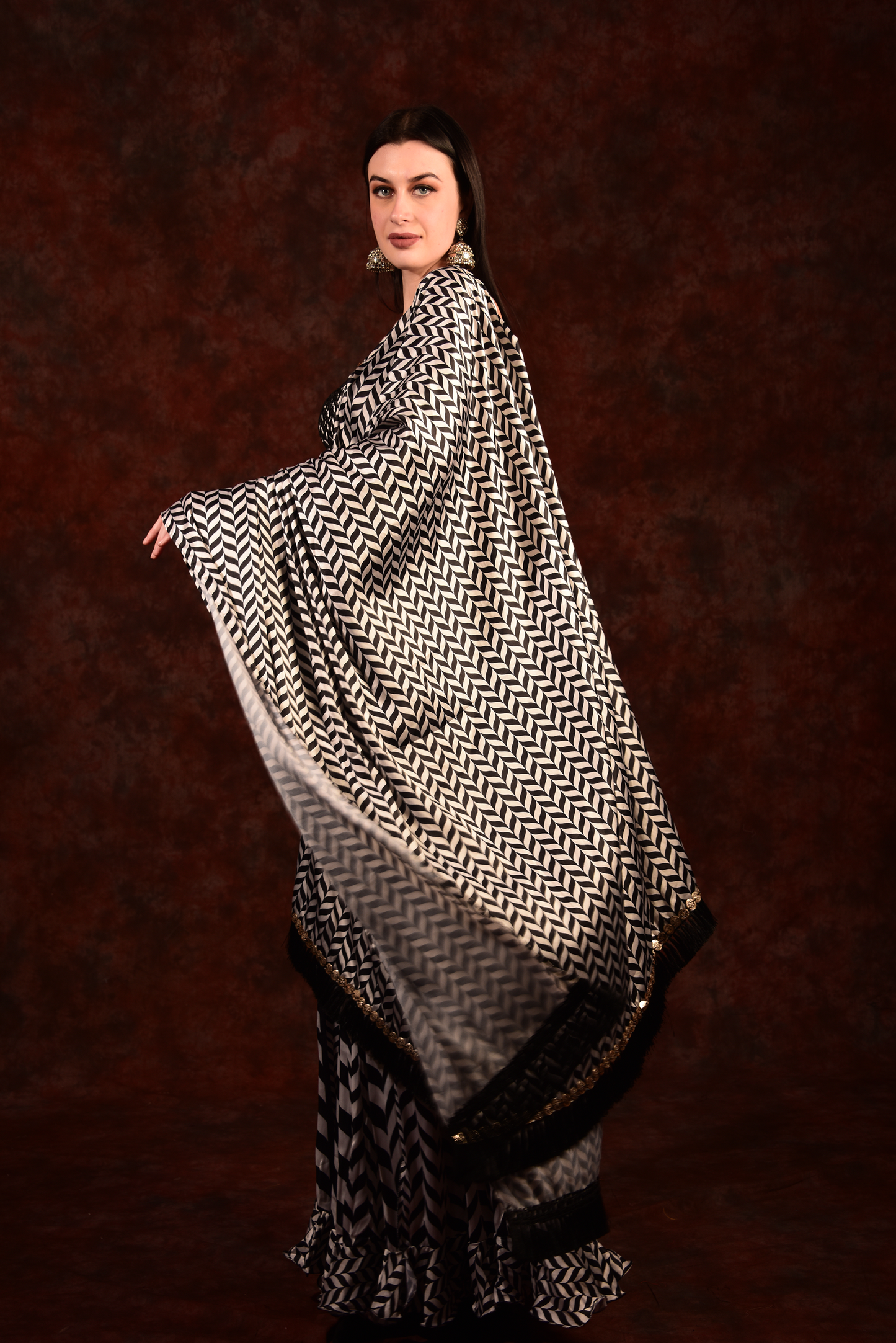 Shevron Black & White Skirt With Crop Top Shrug