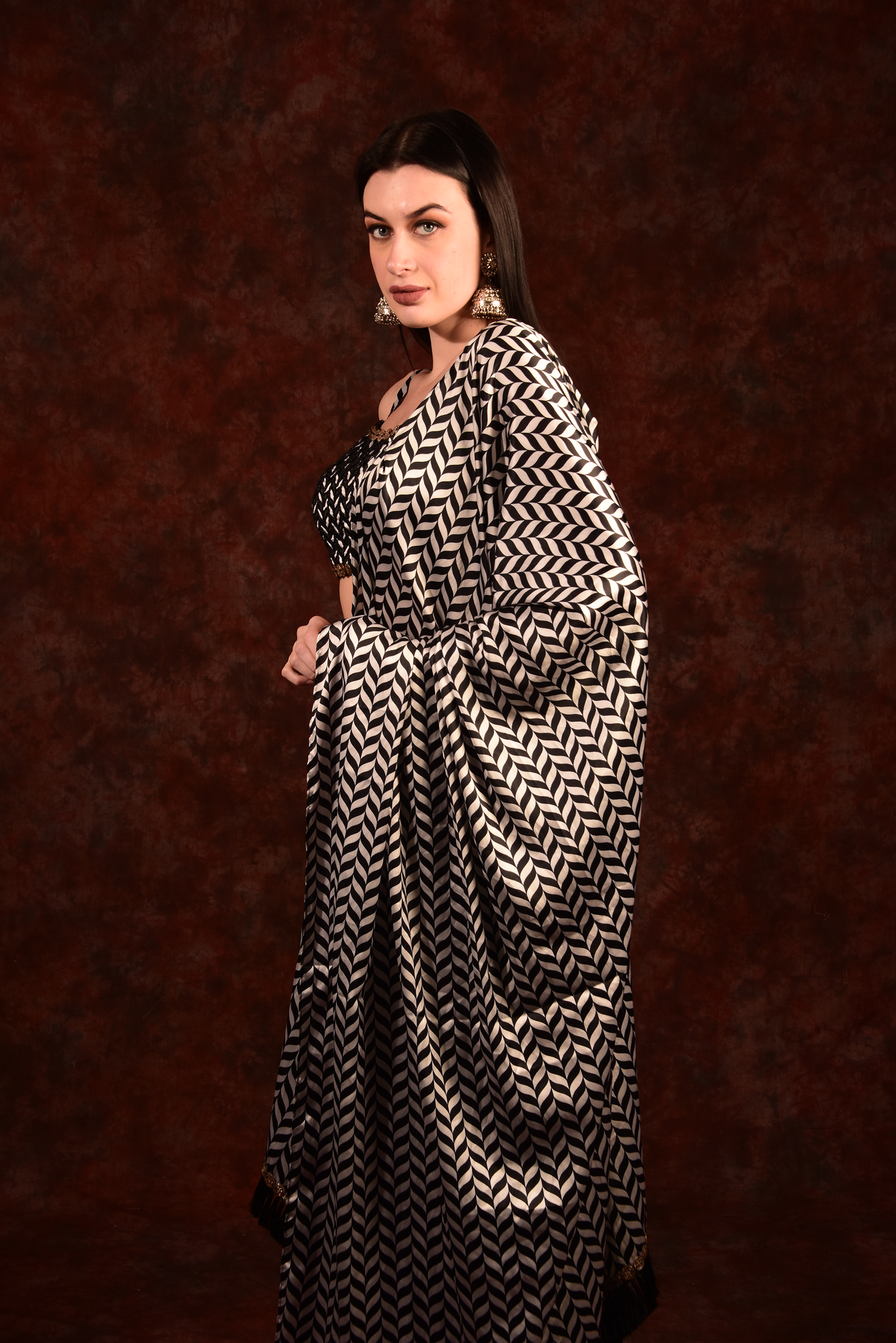 Shevron Black & White Skirt With Crop Top Shrug