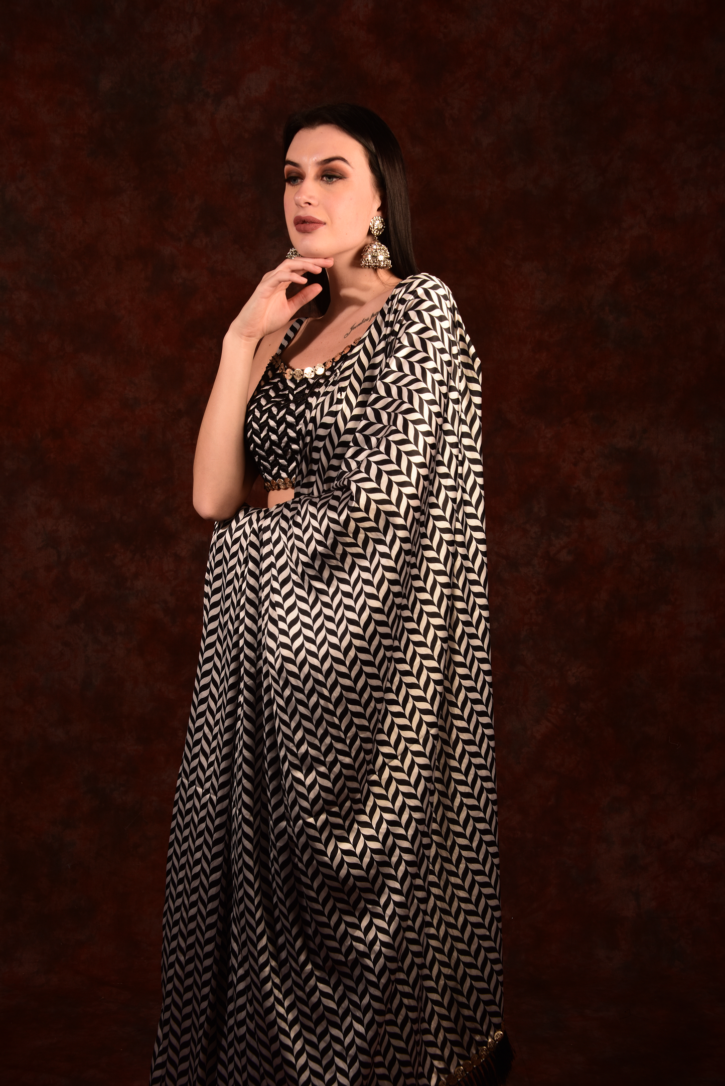 Shevron Black & White Skirt With Crop Top Shrug