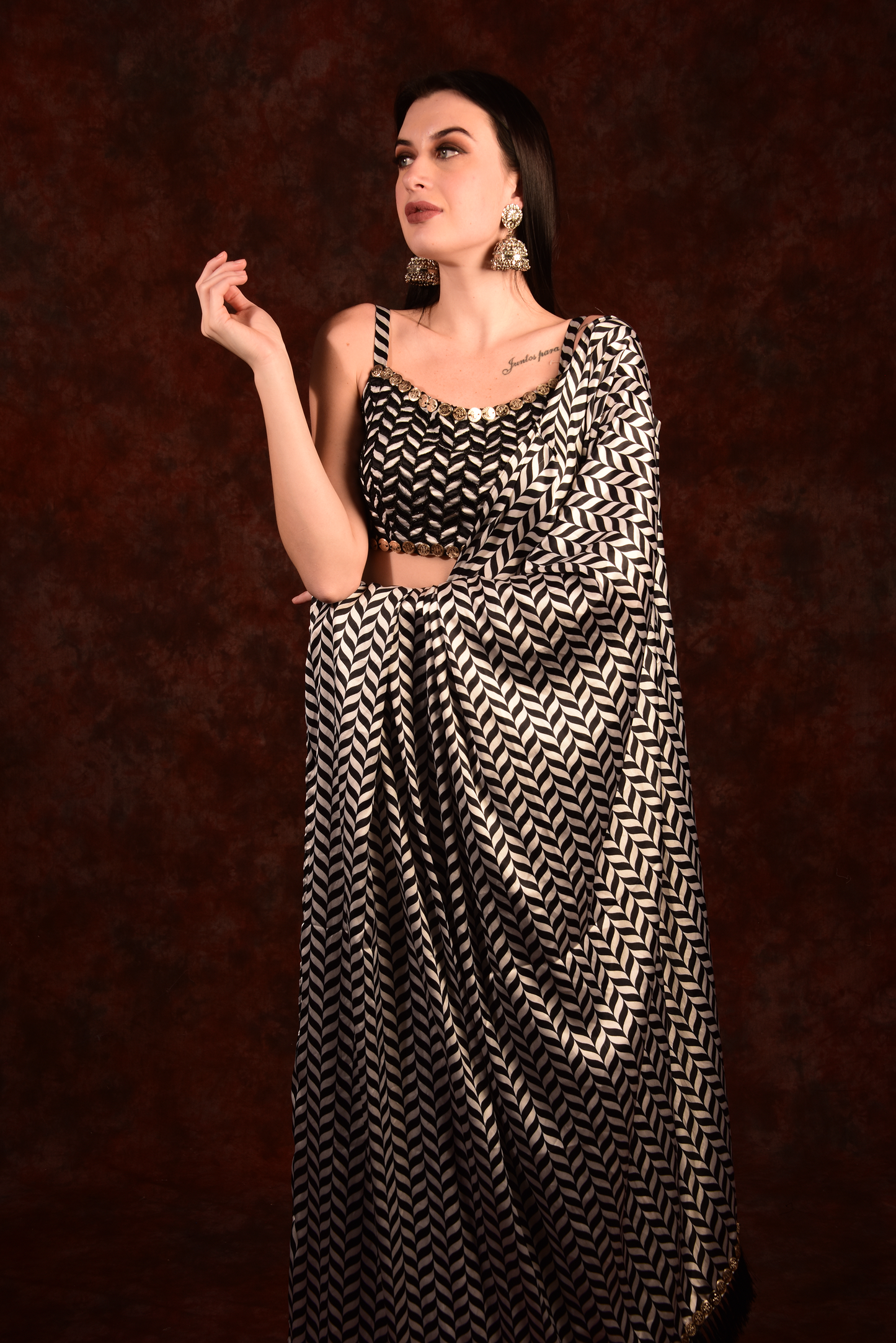 Shevron Black & White Skirt With Crop Top Shrug