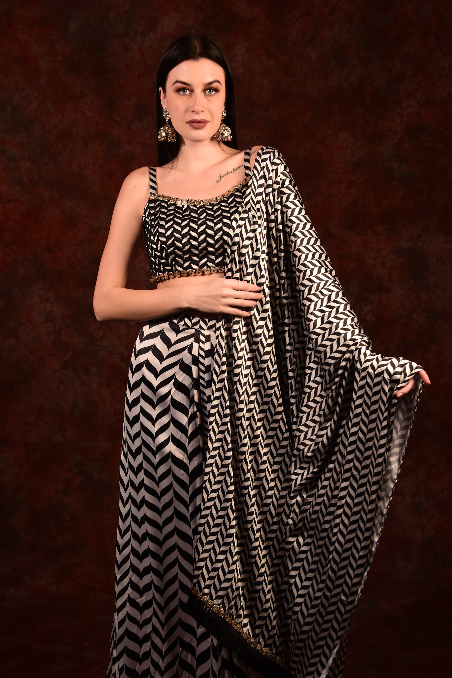 Shevron Black & White Skirt With Crop Top Shrug
