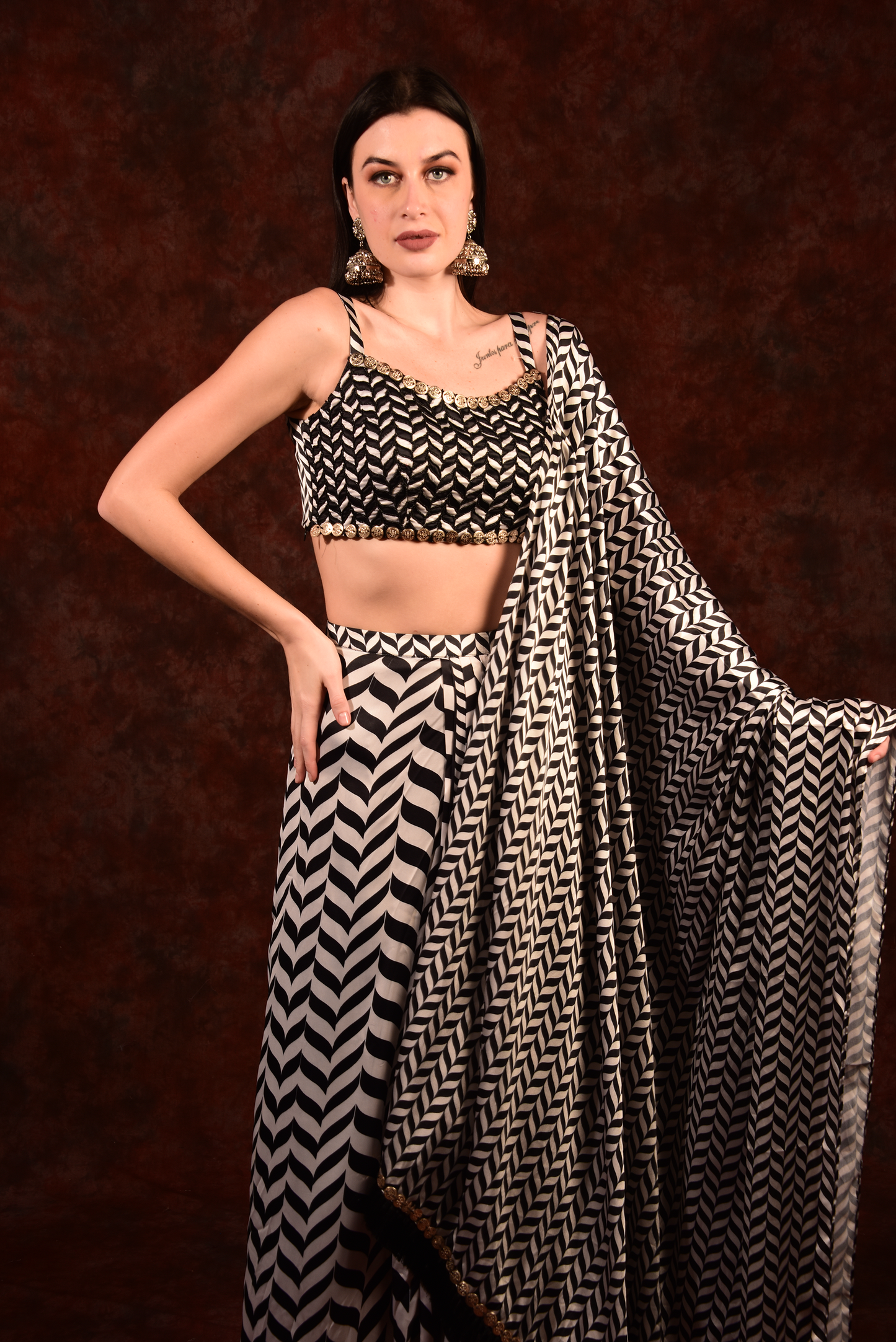 Shevron Black & White Skirt With Crop Top Shrug