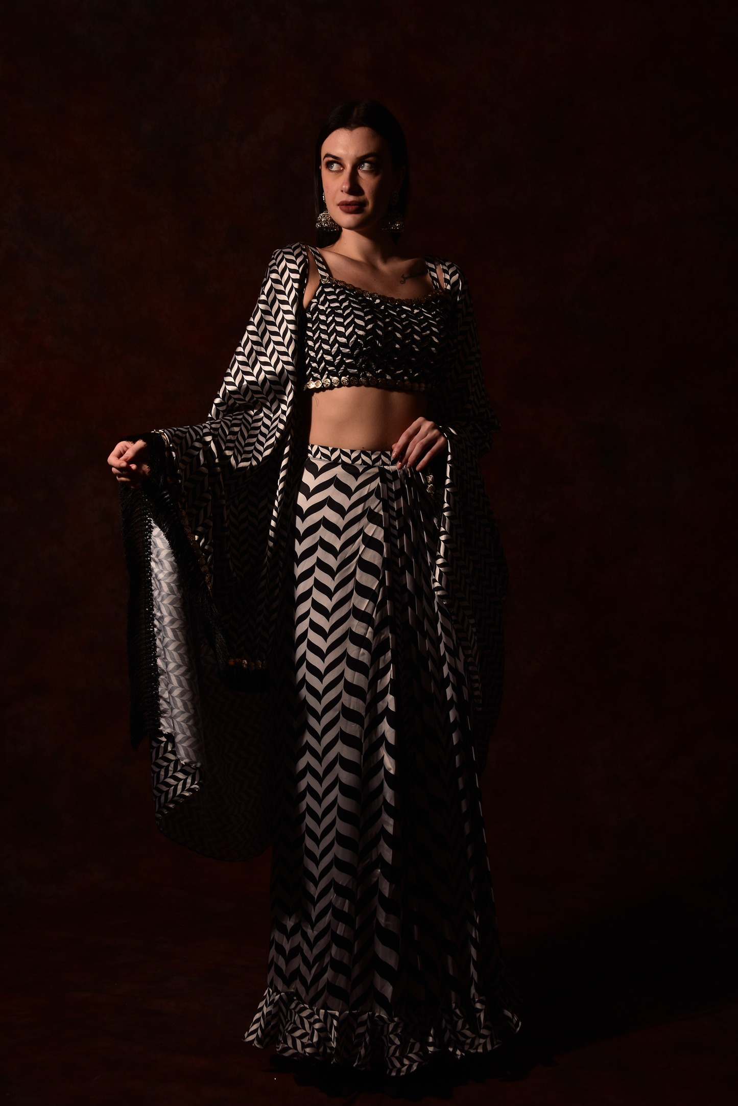 Shevron Black & White Skirt With Crop Top Shrug