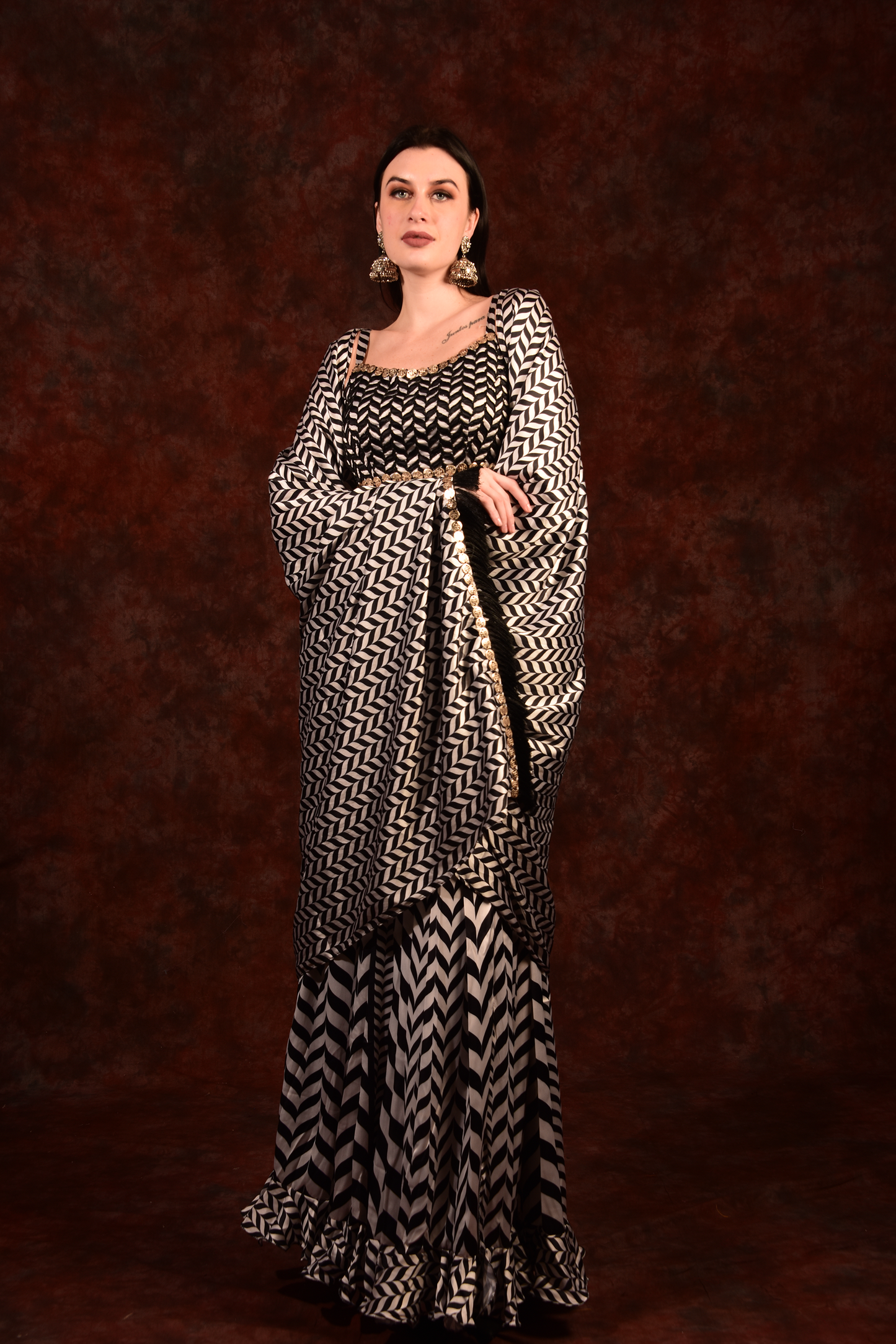 Shevron Black & White Skirt With Crop Top Shrug