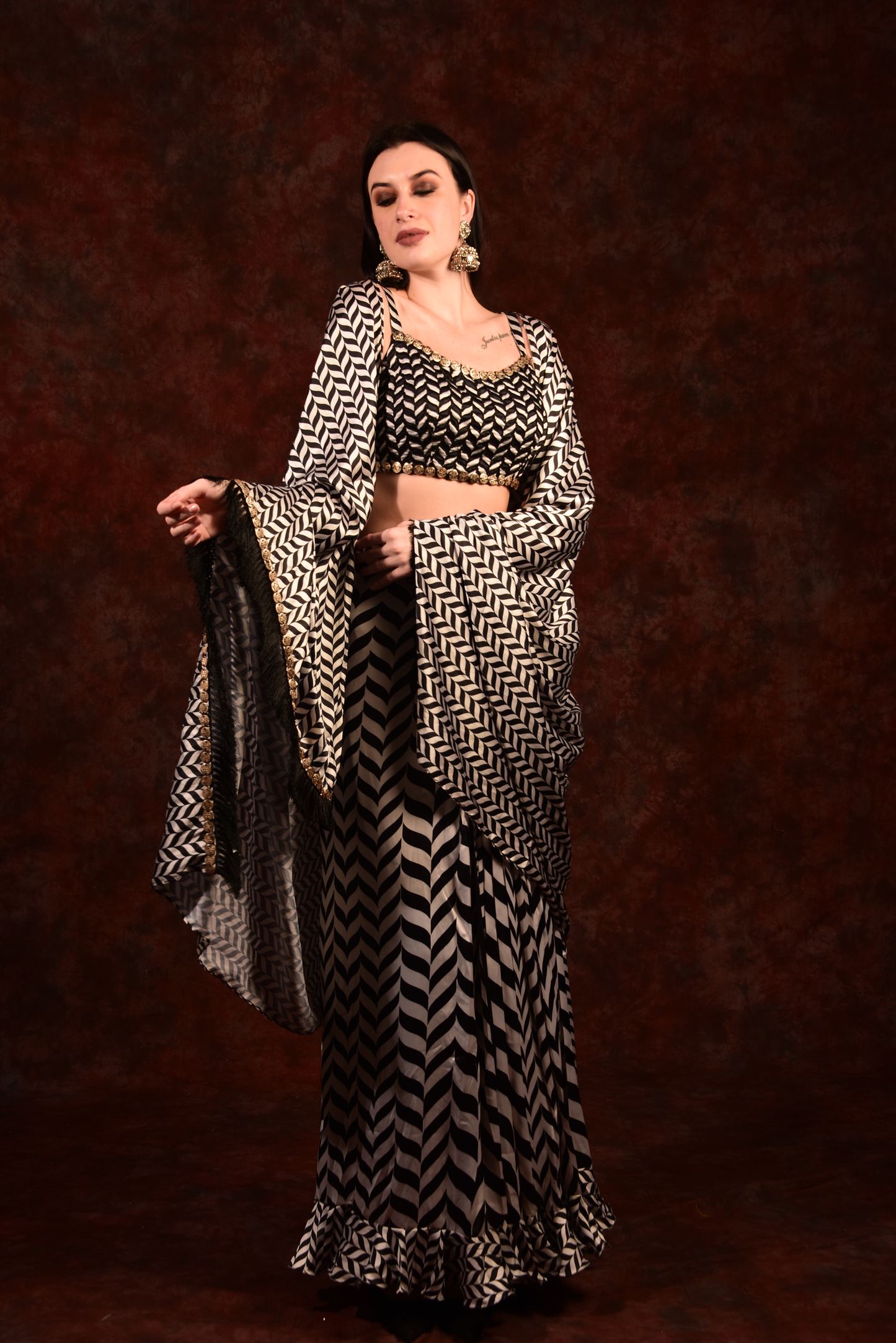 Shevron Black & White Skirt With Crop Top Shrug