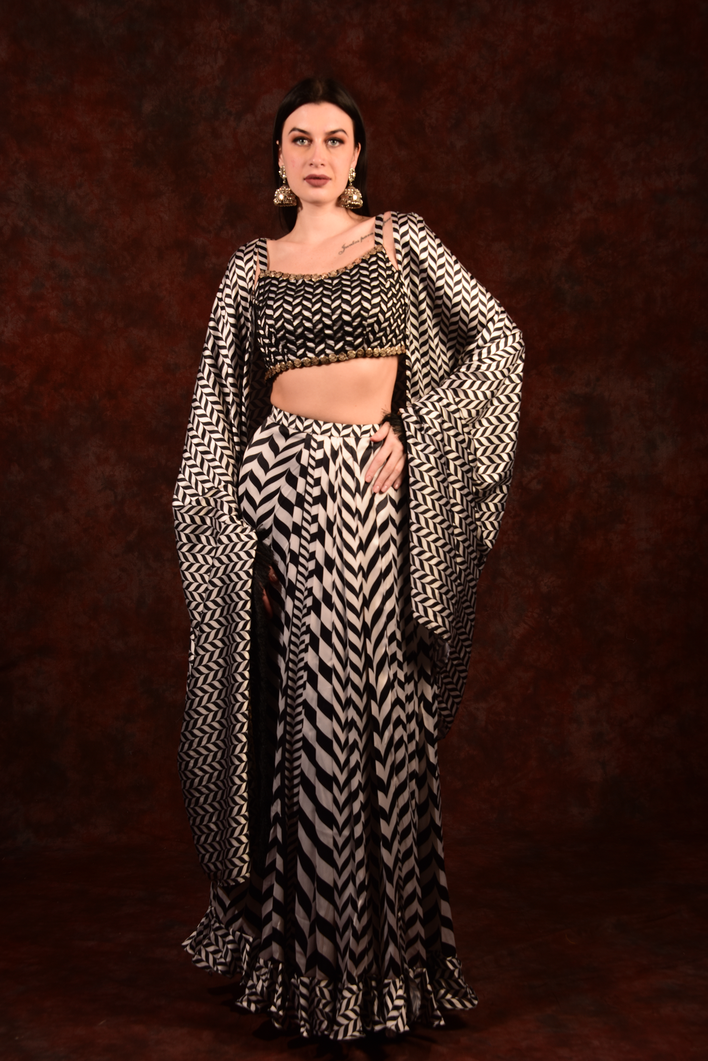 Shevron Black & White Skirt With Crop Top Shrug