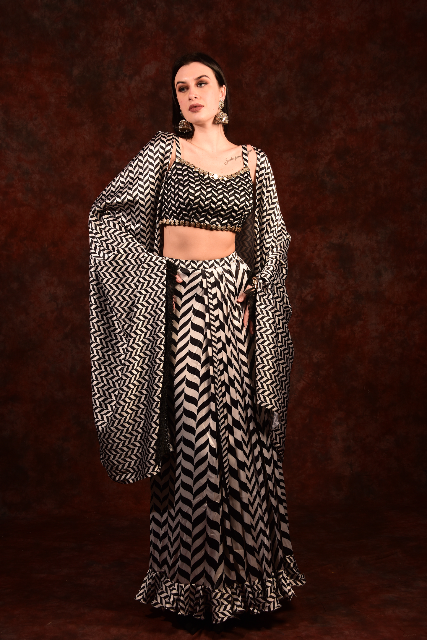 Shevron Black & White Skirt With Crop Top Shrug