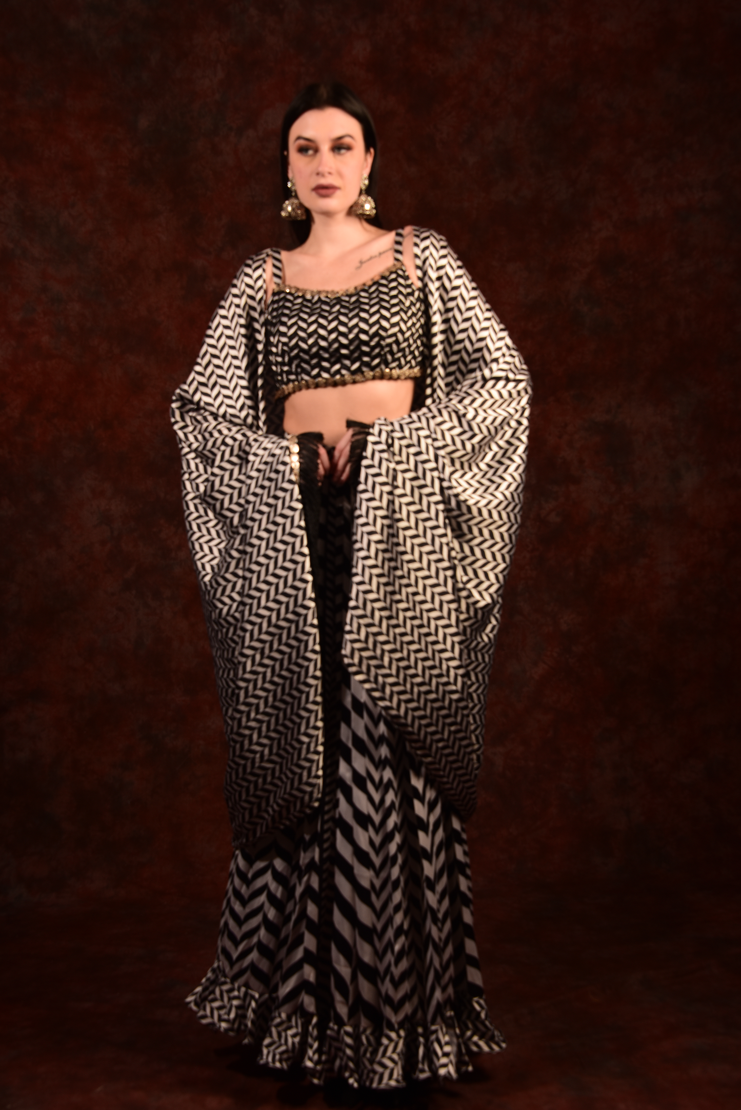 Shevron Black & White Skirt With Crop Top Shrug