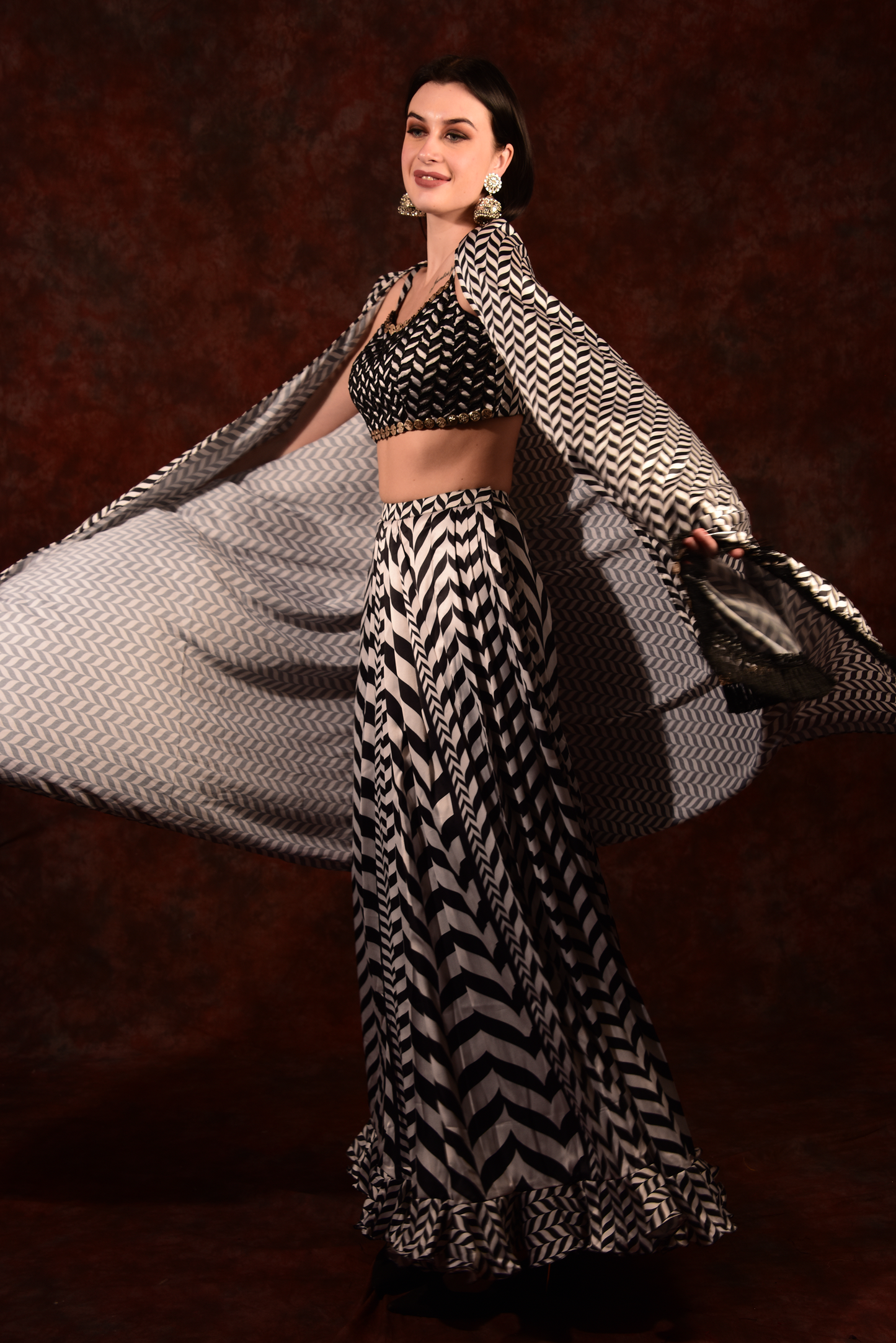 Shevron Black & White Skirt With Crop Top Shrug