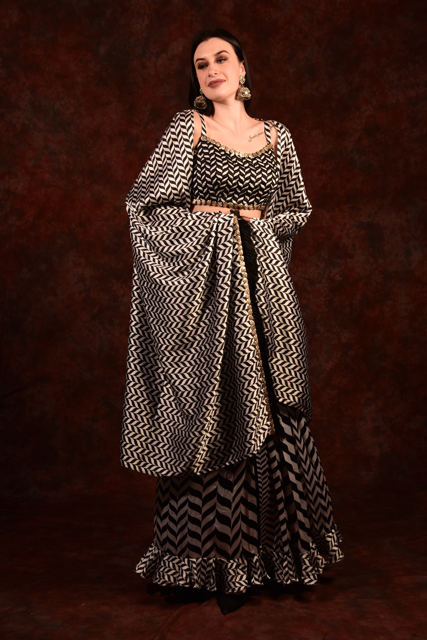 Shevron Black & White Skirt With Crop Top Shrug
