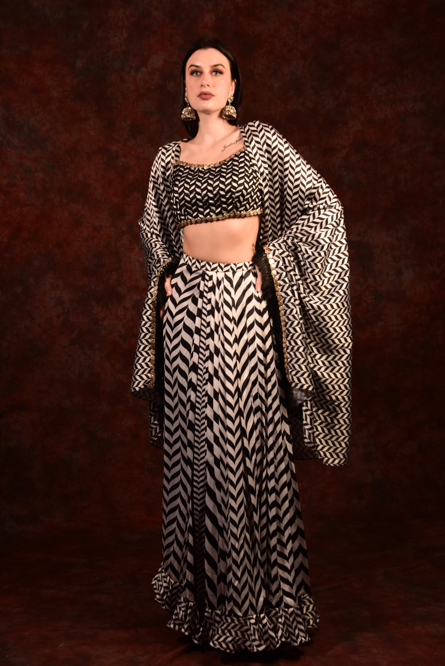 Shevron Black & White Skirt With Crop Top Shrug