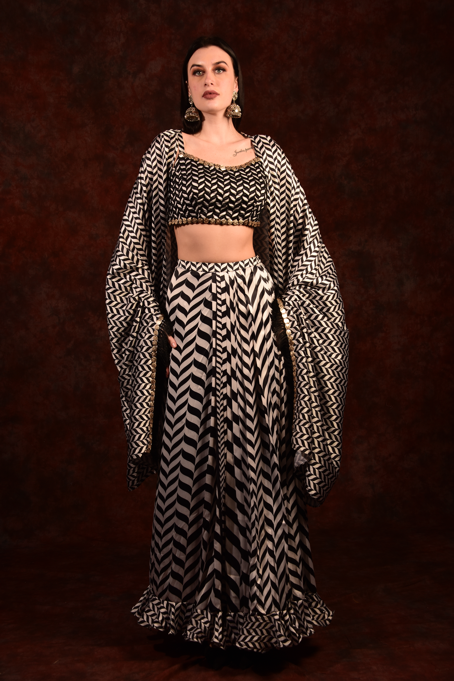 Shevron Black & White Skirt With Crop Top Shrug