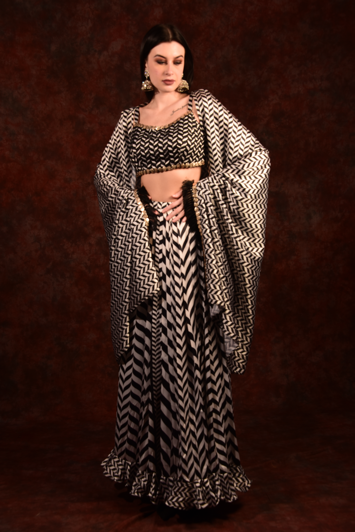 Shevron Black & White Skirt With Crop Top Shrug