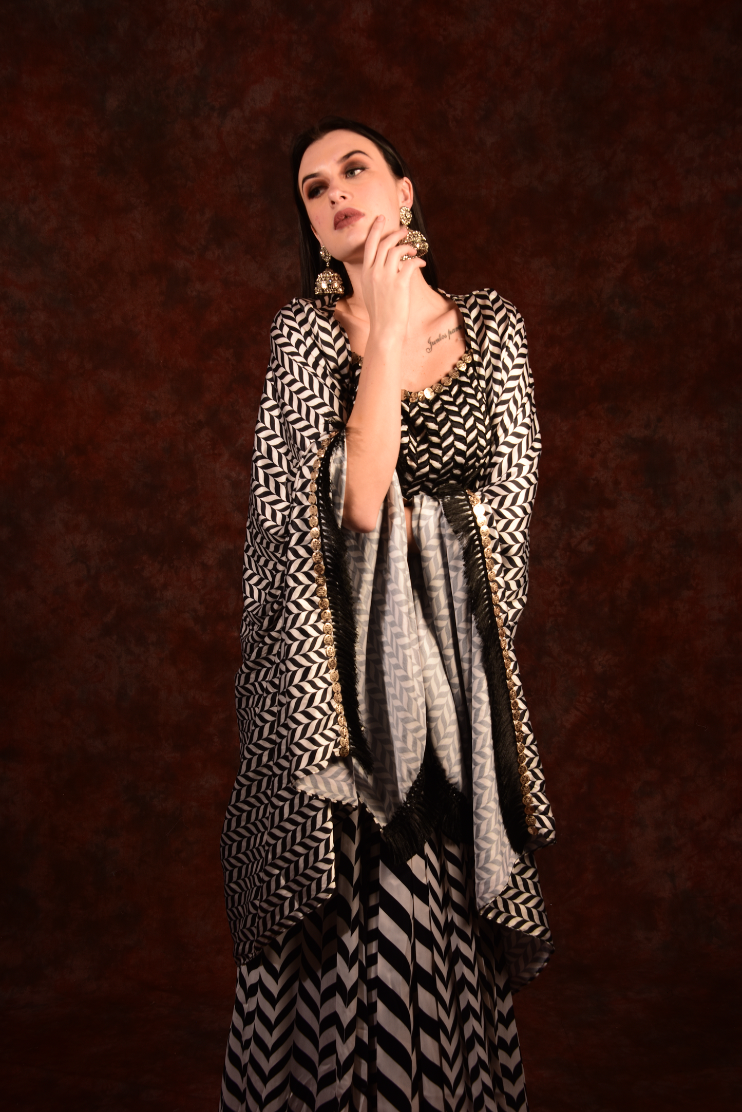 Shevron Black & White Skirt With Crop Top Shrug