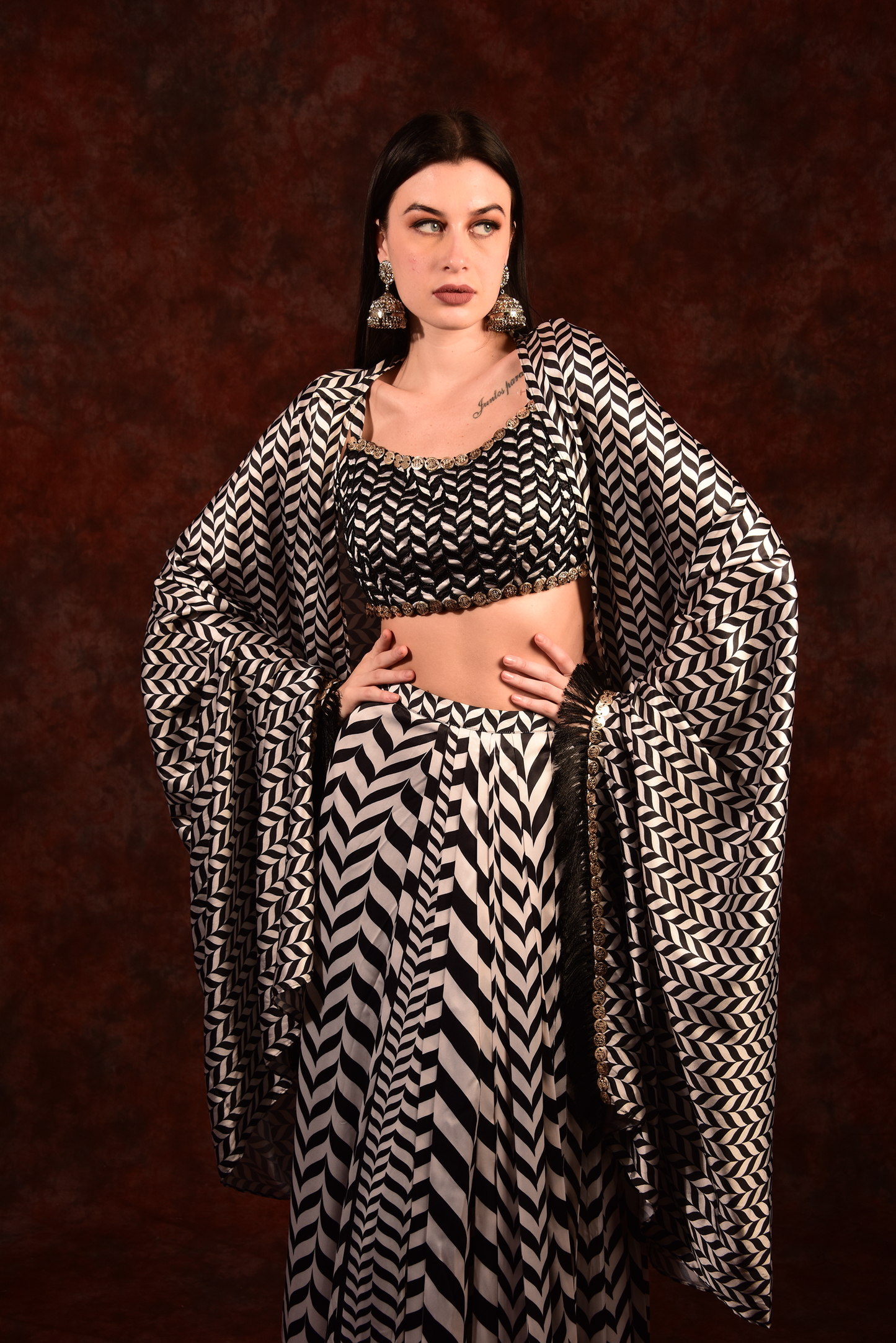 Shevron Black & White Skirt With Crop Top Shrug