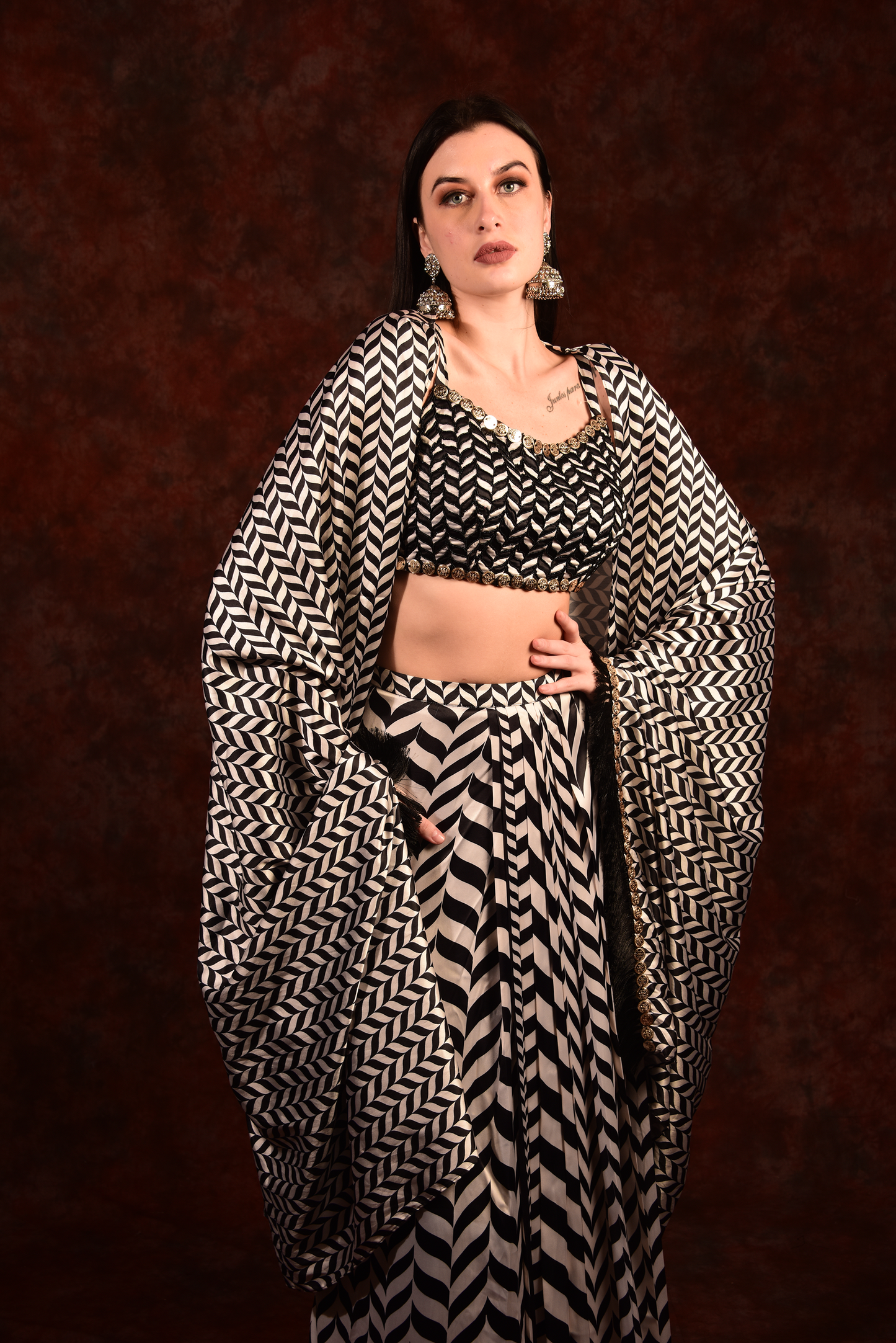 Shevron Black & White Skirt With Crop Top Shrug