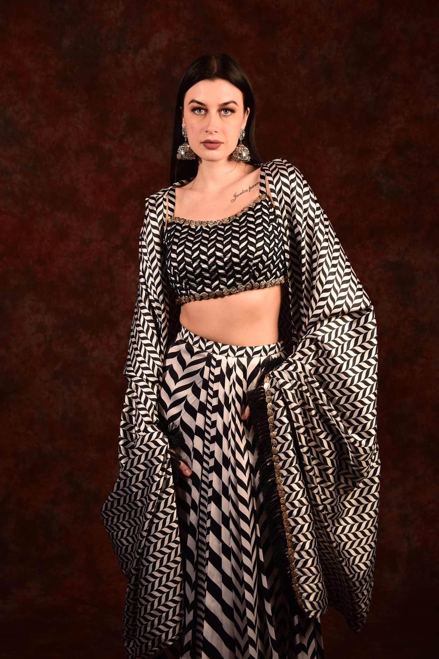 Shevron Black & White Skirt With Crop Top Shrug