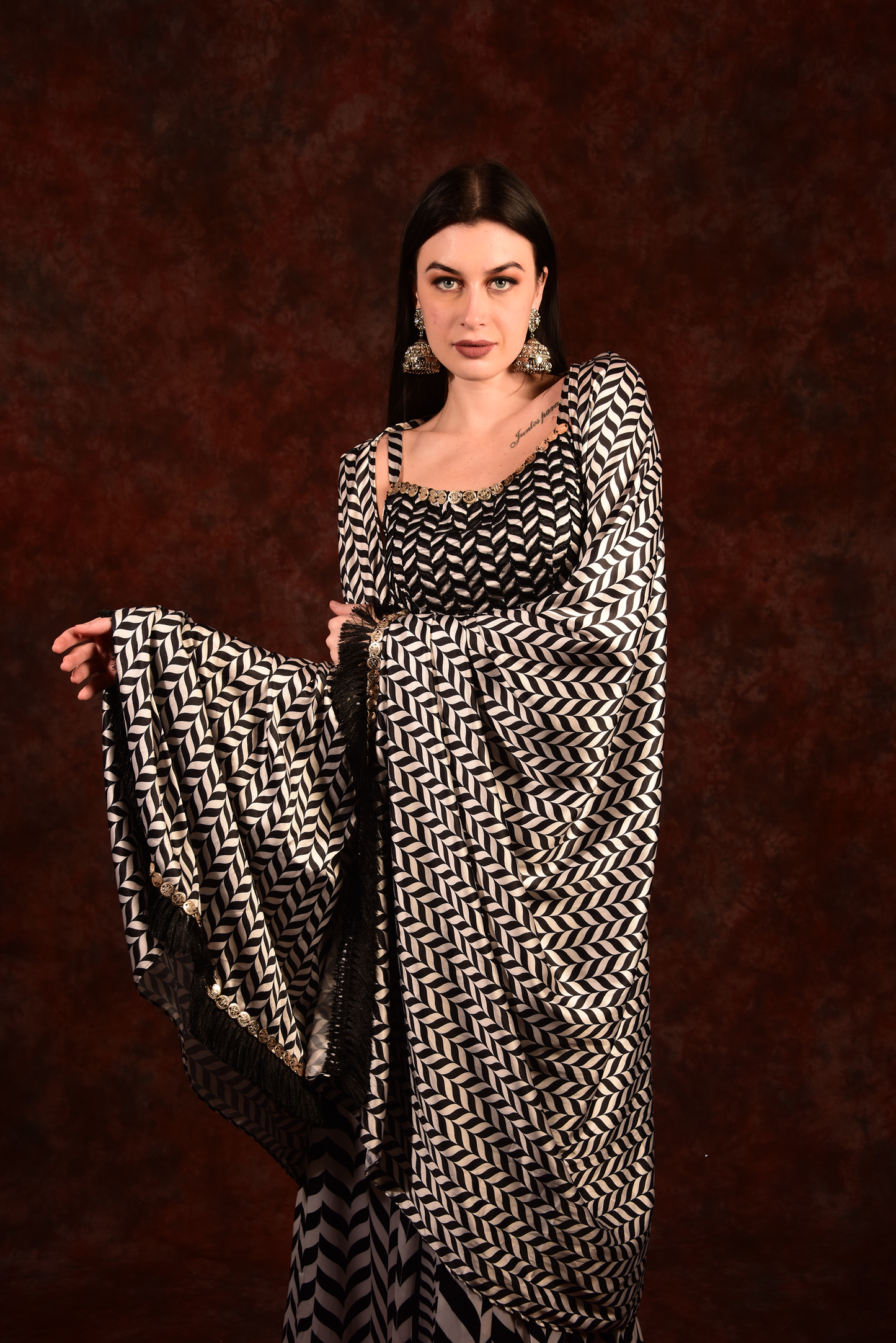 Shevron Black & White Skirt With Crop Top Shrug