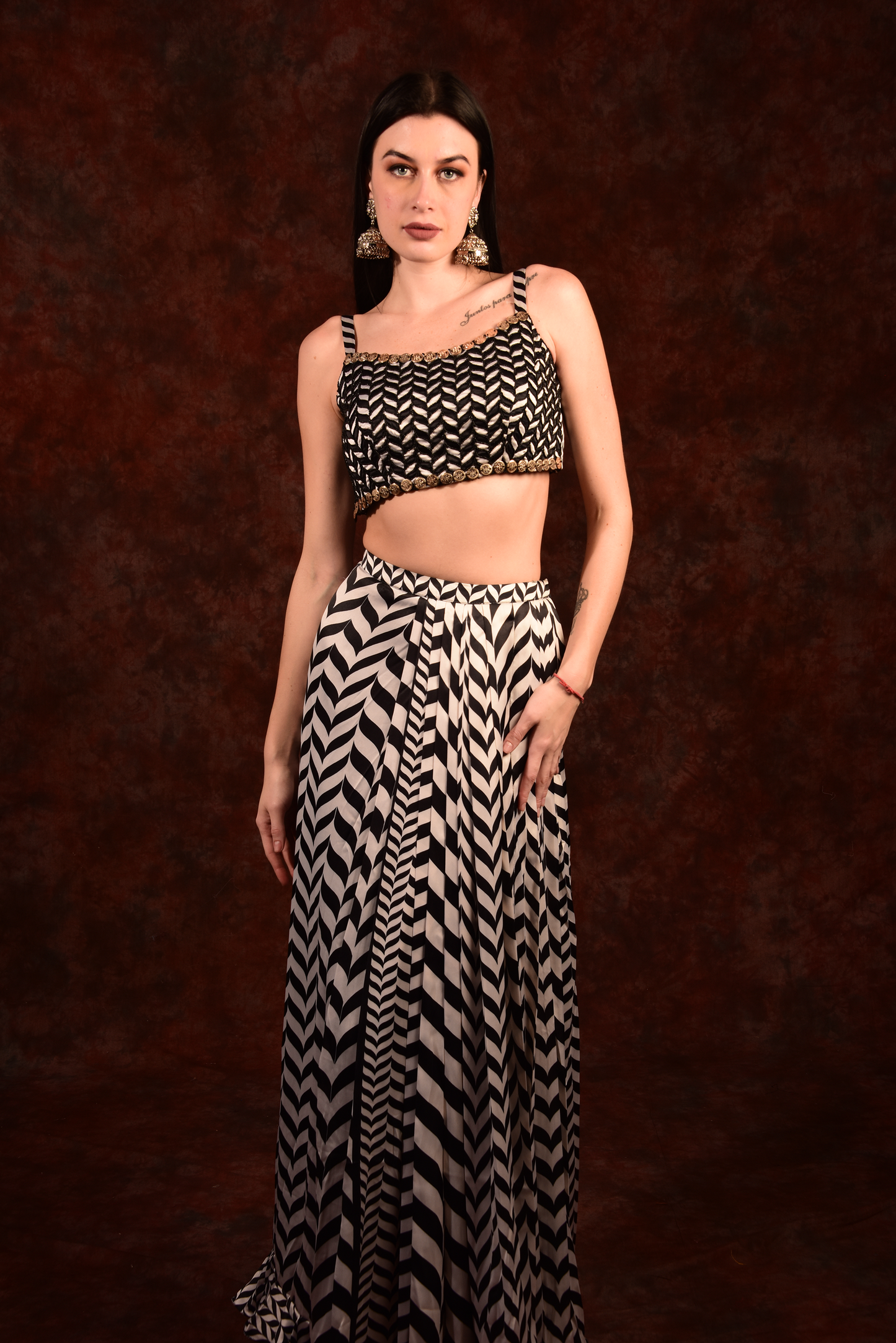 Shevron Black & White Skirt With Crop Top Shrug