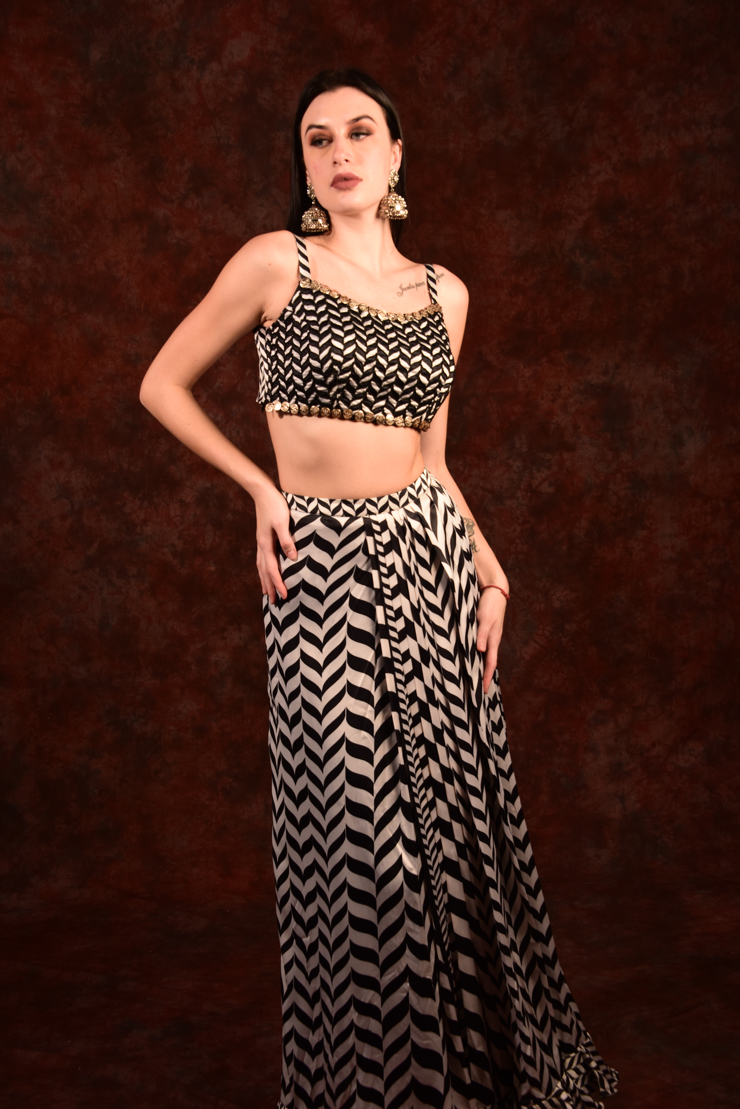 Shevron Black & White Skirt With Crop Top Shrug