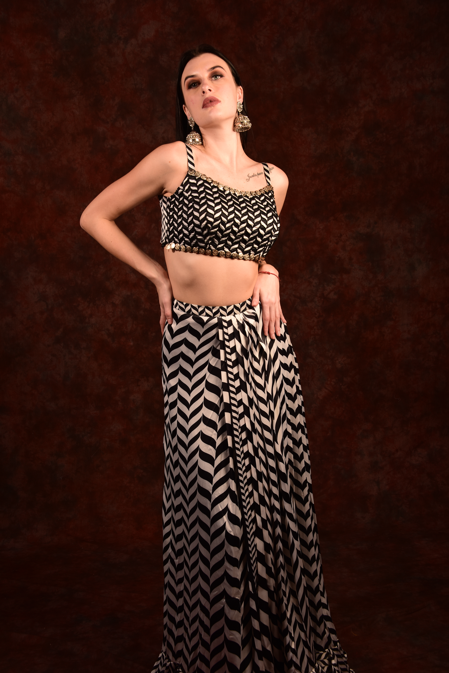 Shevron Black & White Skirt With Crop Top Shrug
