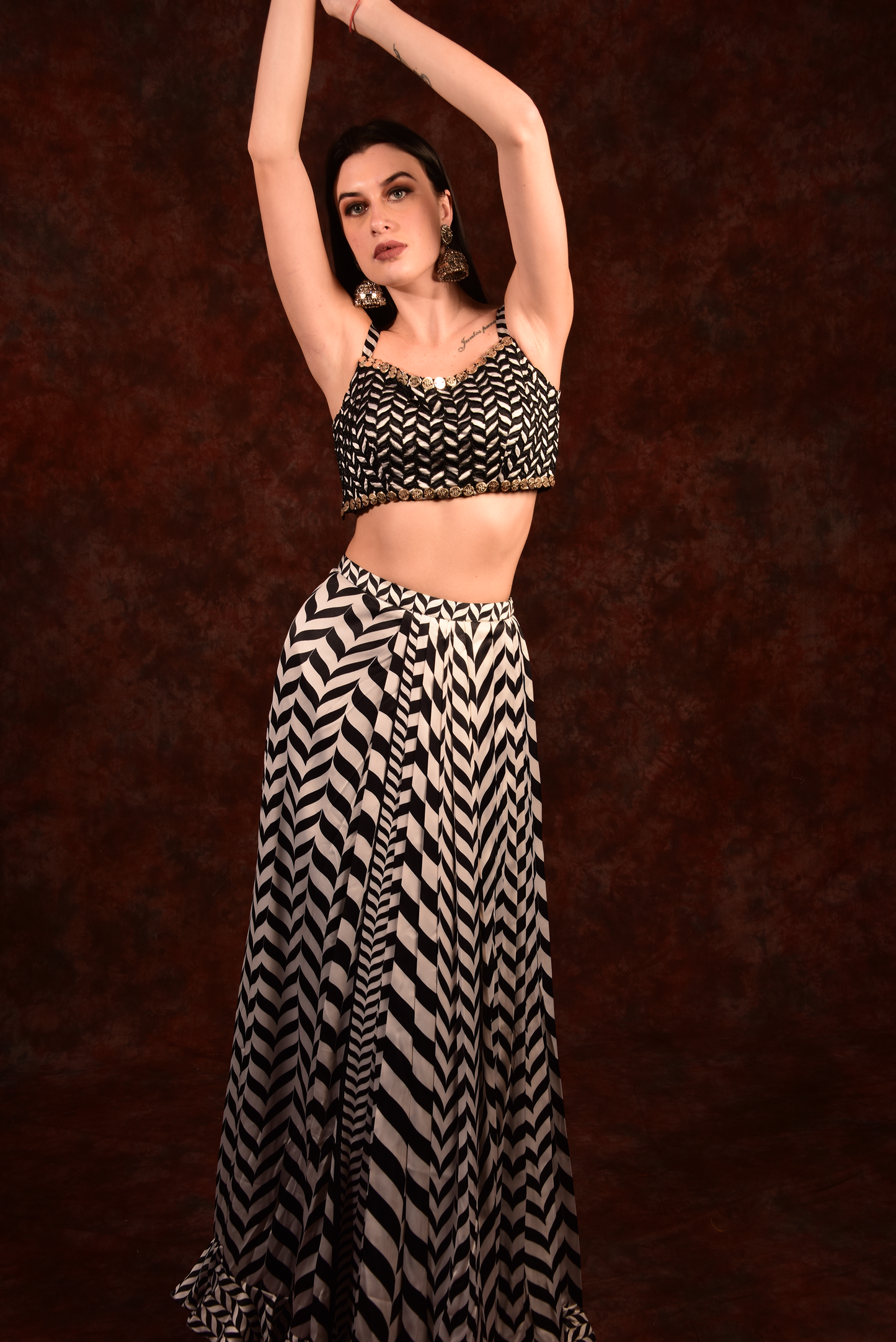 Shevron Black & White Skirt With Crop Top Shrug