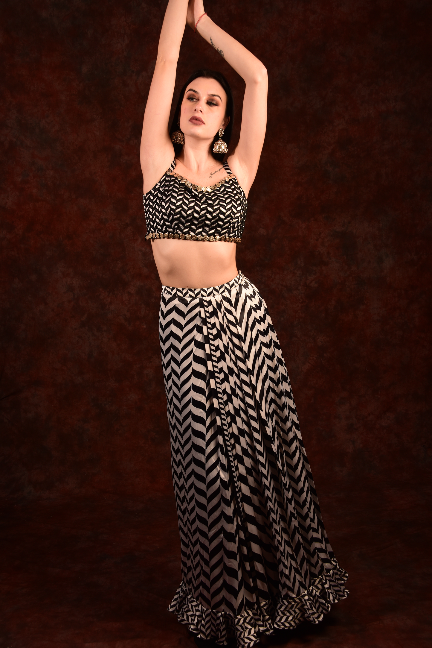 Shevron Black & White Skirt With Crop Top Shrug