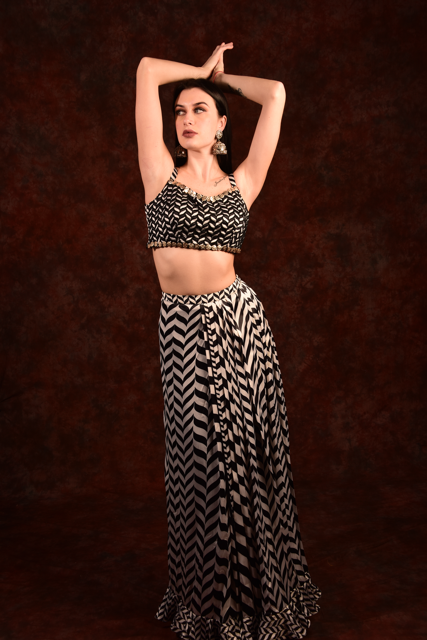 Shevron Black & White Skirt With Crop Top Shrug