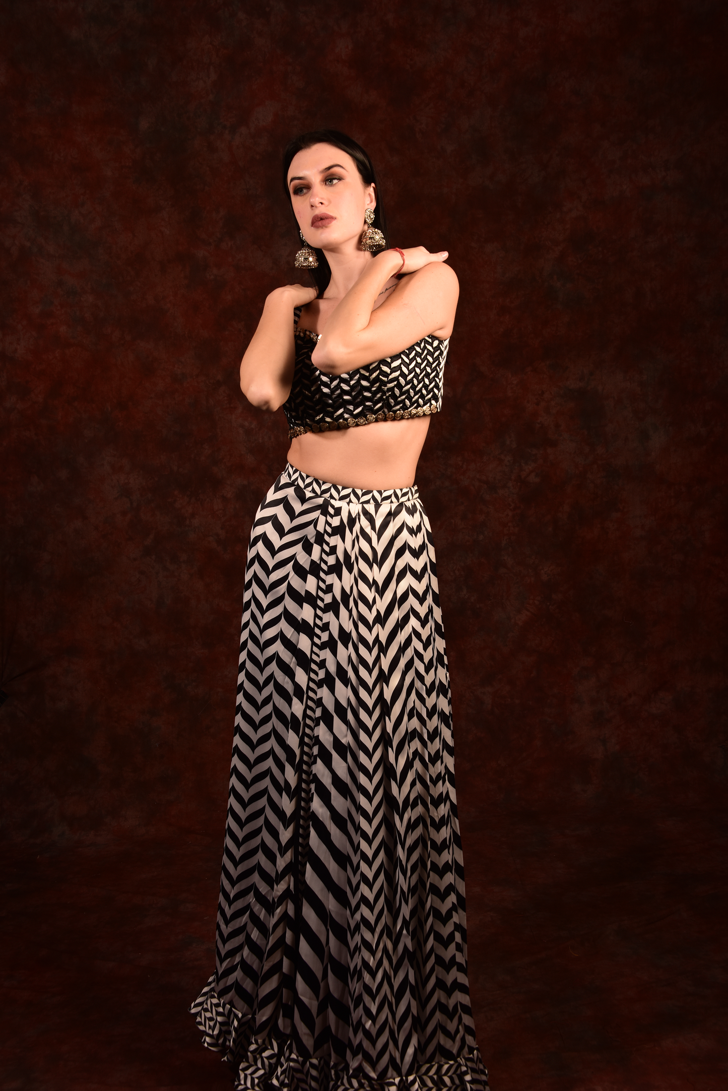 Shevron Black & White Skirt With Crop Top Shrug