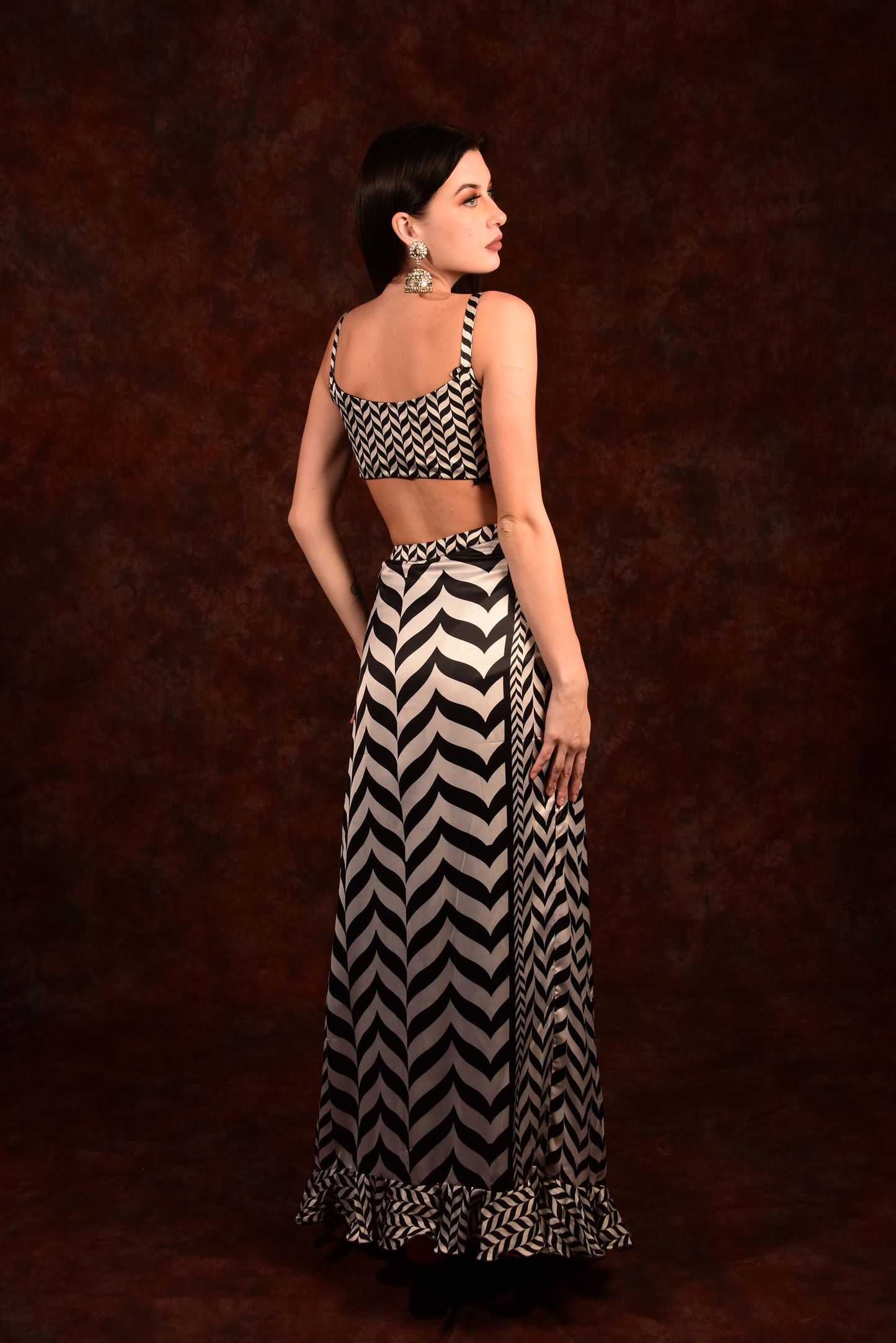 Shevron Black & White Skirt With Crop Top Shrug