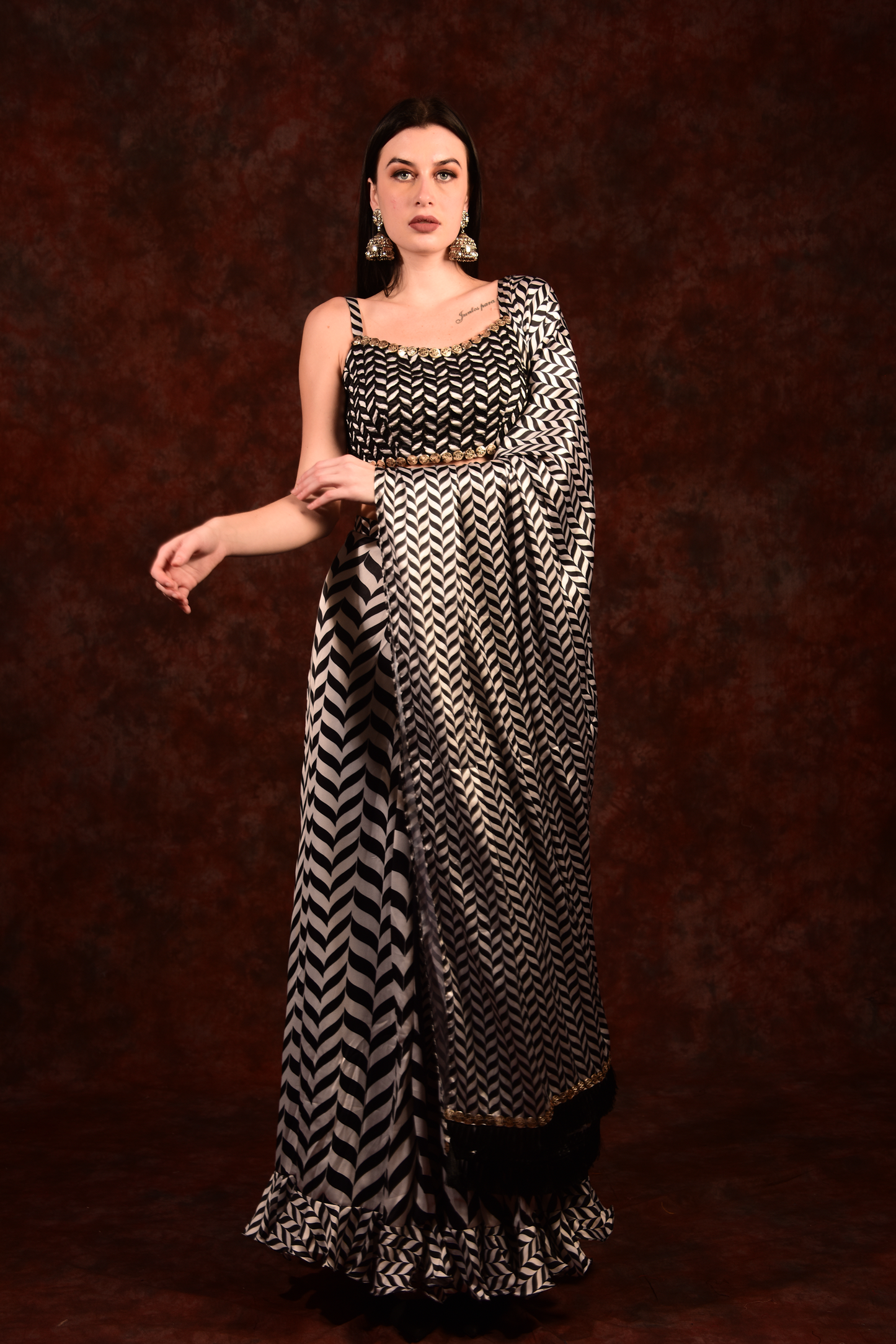 Shevron Black & White Skirt With Crop Top Shrug