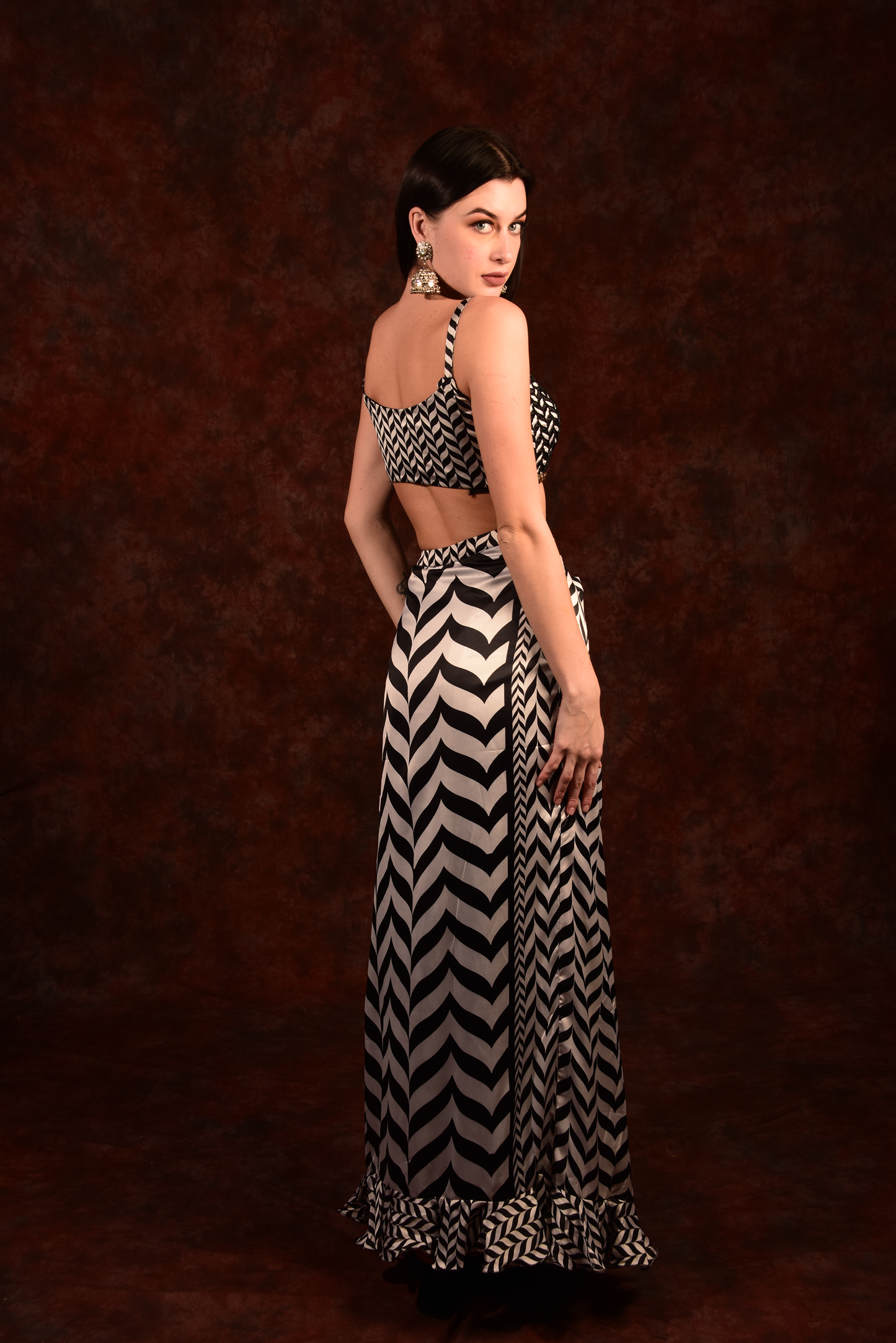 Shevron Black & White Skirt With Crop Top Shrug