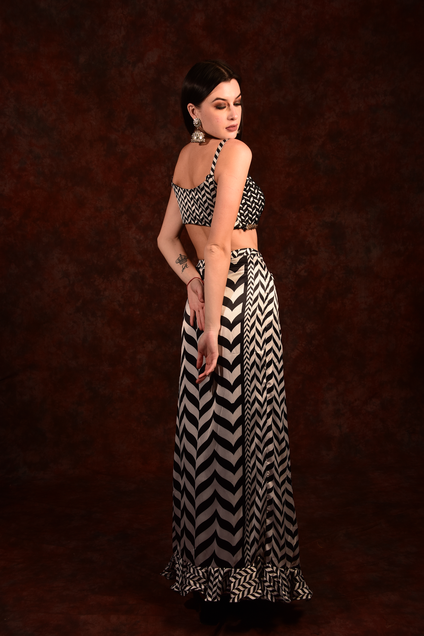 Shevron Black & White Skirt With Crop Top Shrug