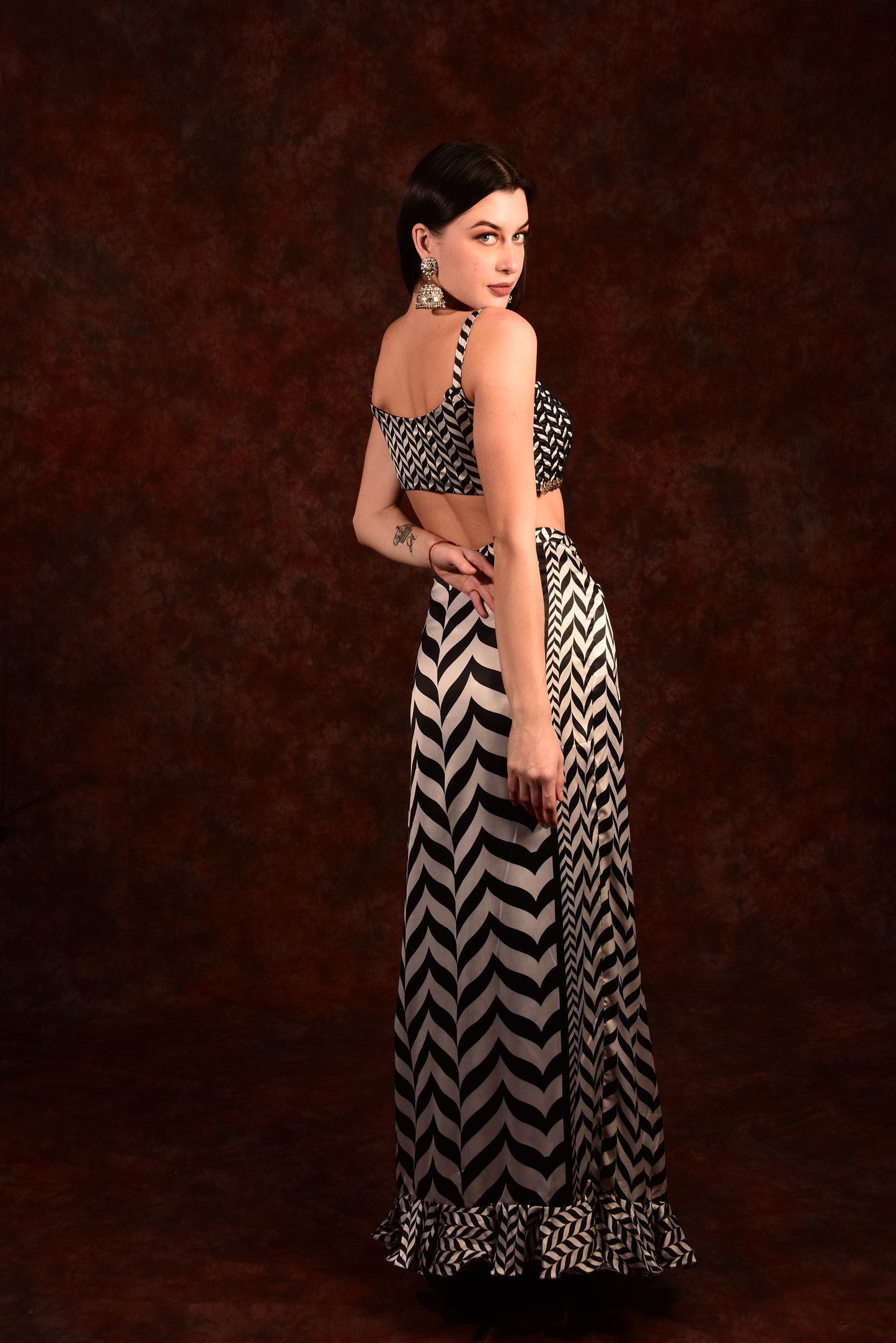 Shevron Black & White Skirt With Crop Top Shrug