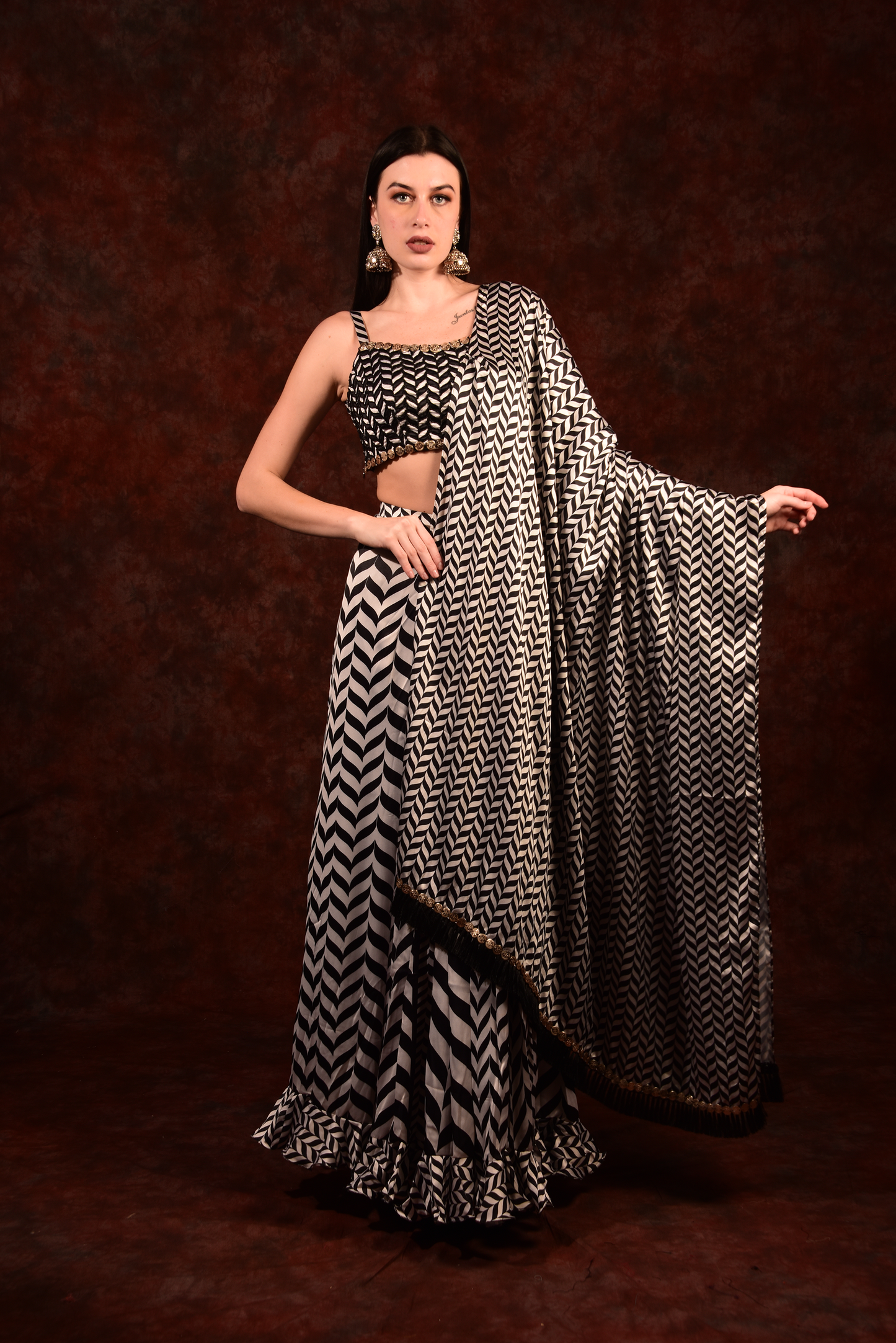 Shevron Black & White Skirt With Crop Top Shrug