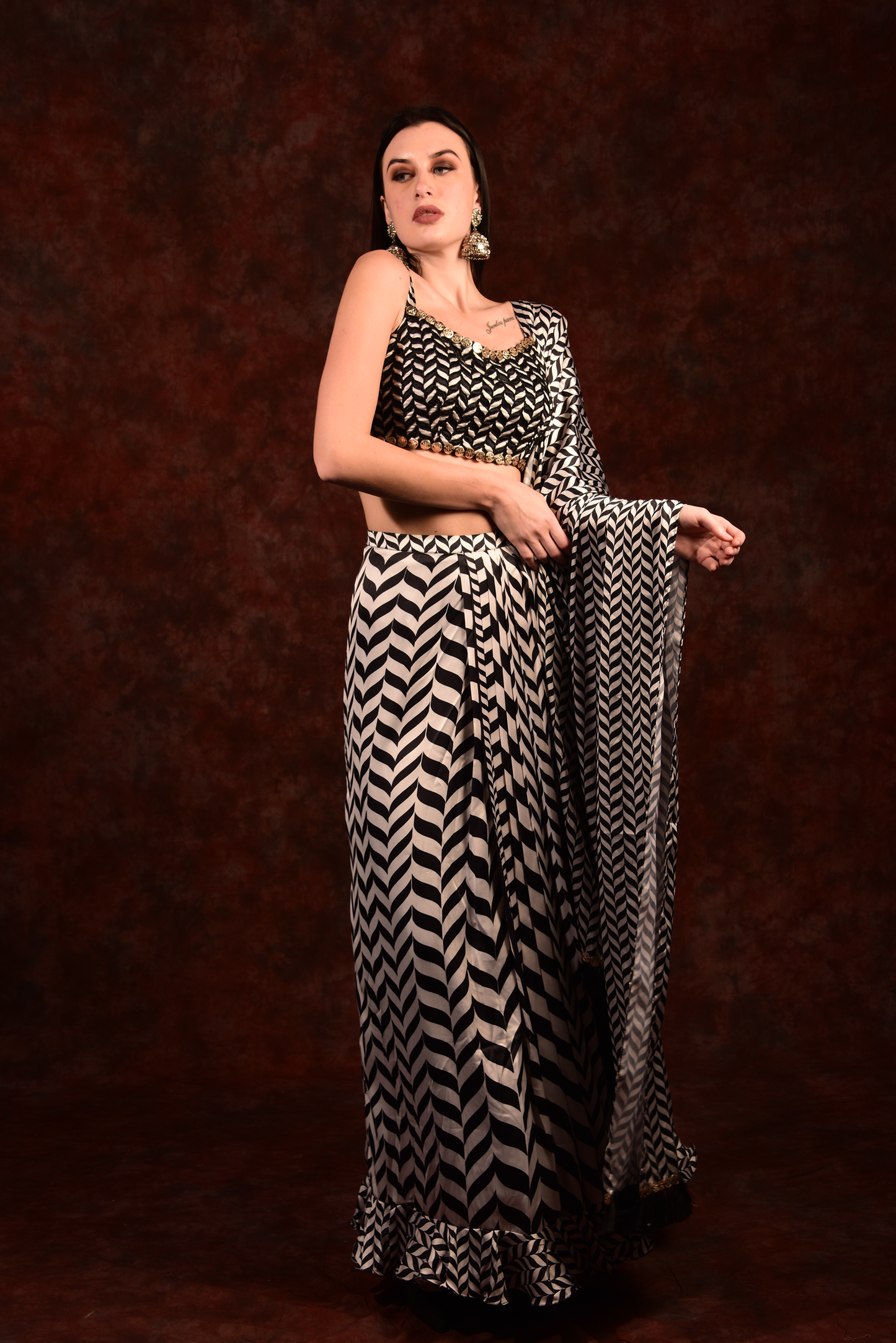 Shevron Black & White Skirt With Crop Top Shrug