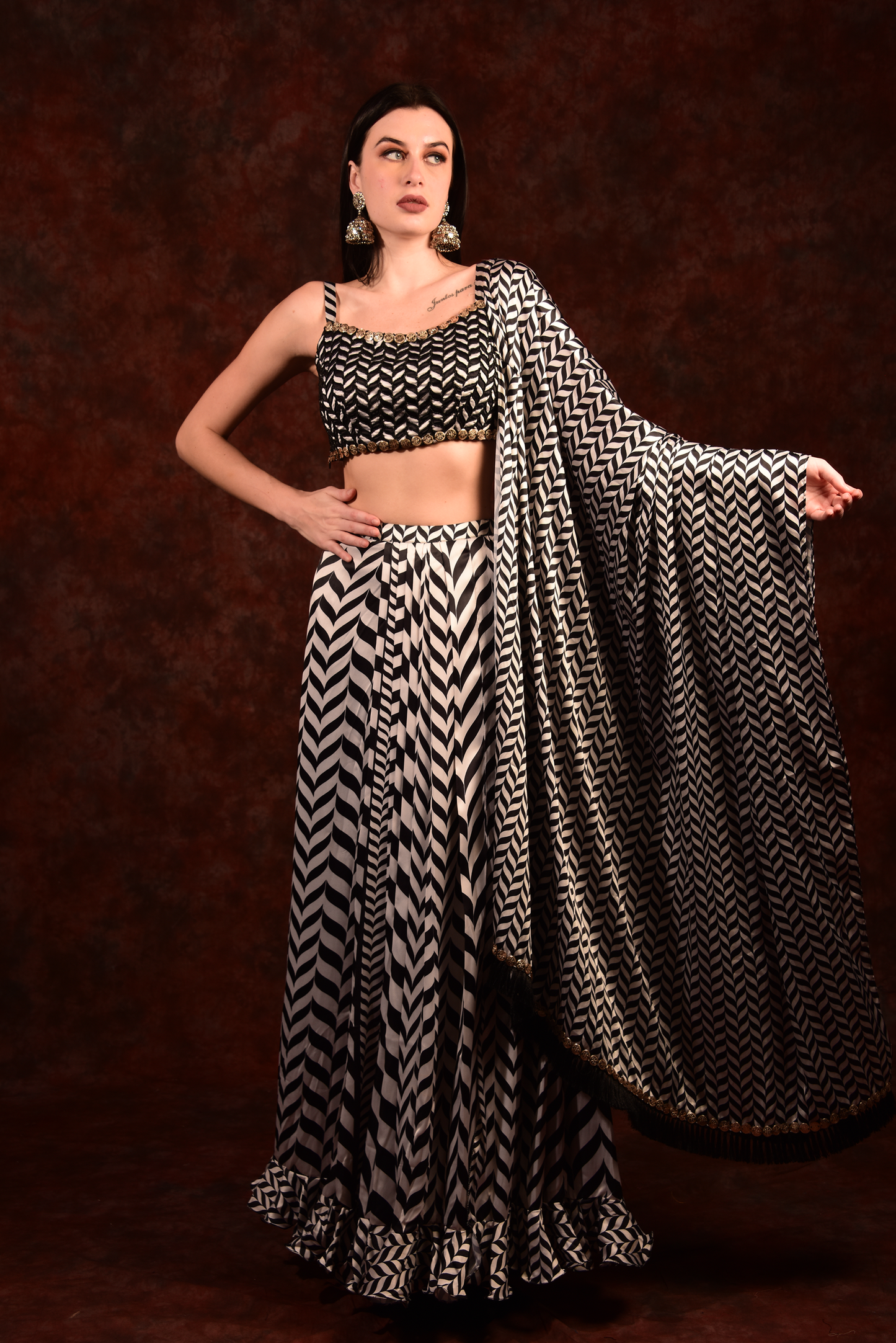 Shevron Black & White Skirt With Crop Top Shrug