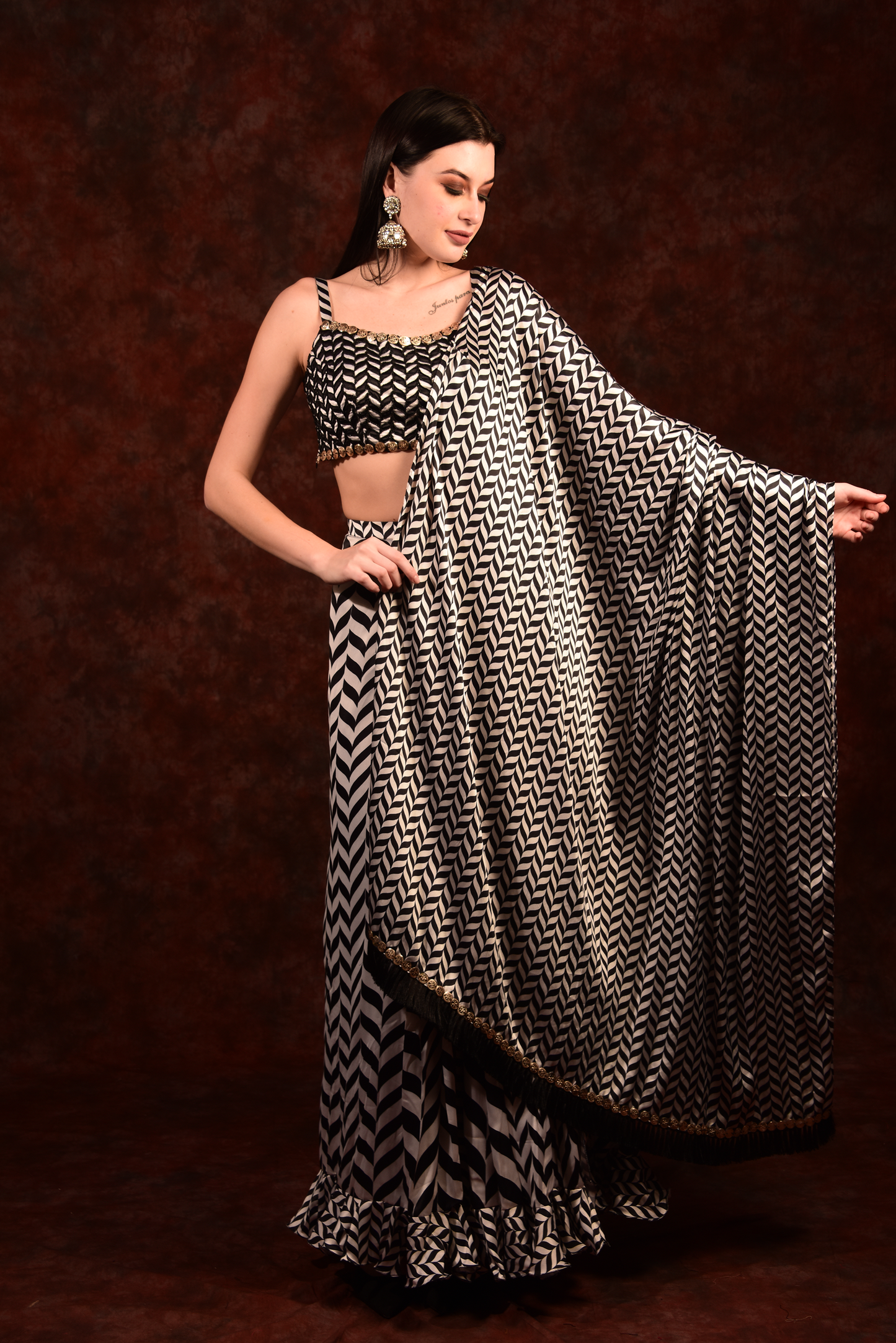 Shevron Black & White Skirt With Crop Top Shrug