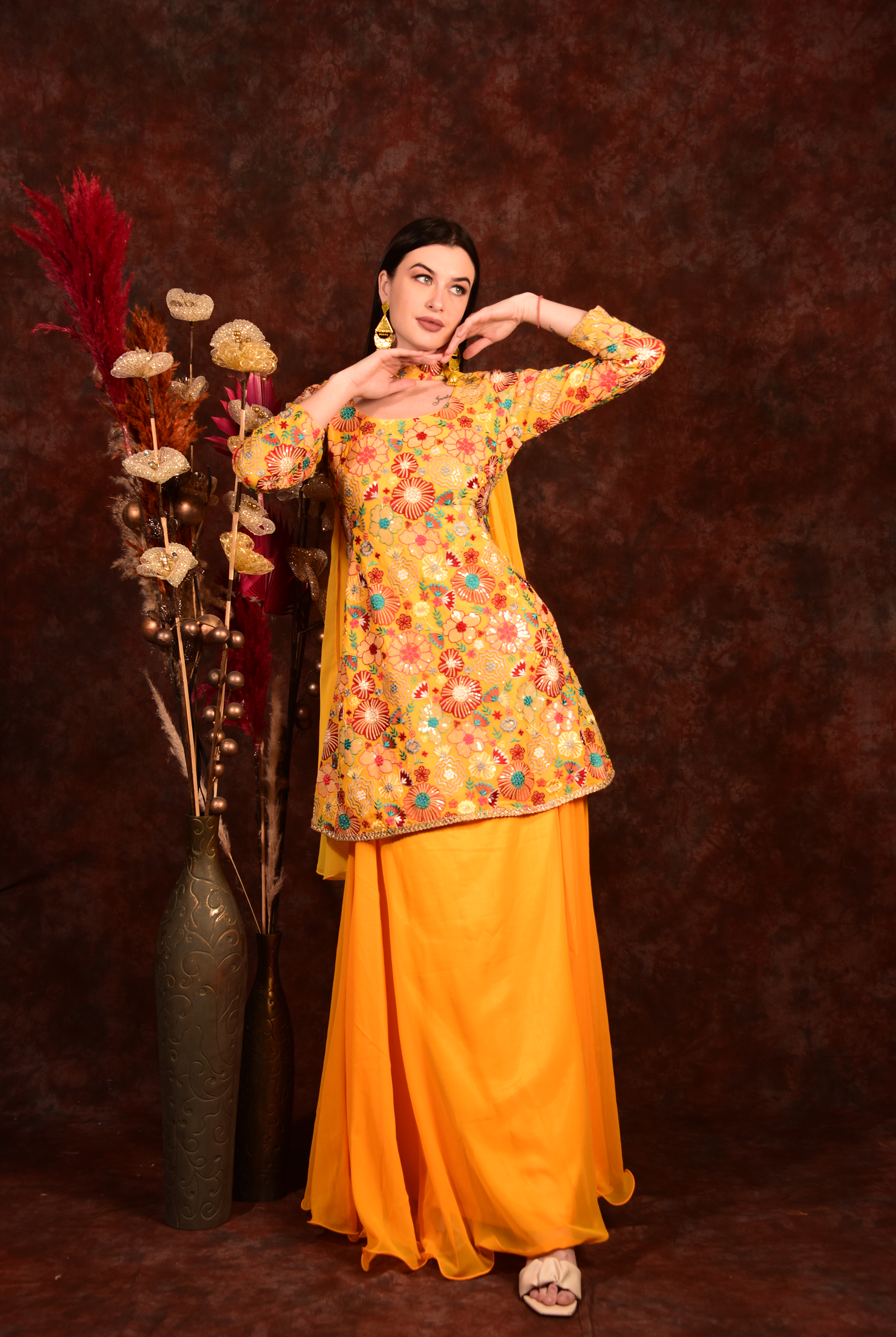 Laalzari yellow floral peplum top with skirt and dupatta for women — styled look