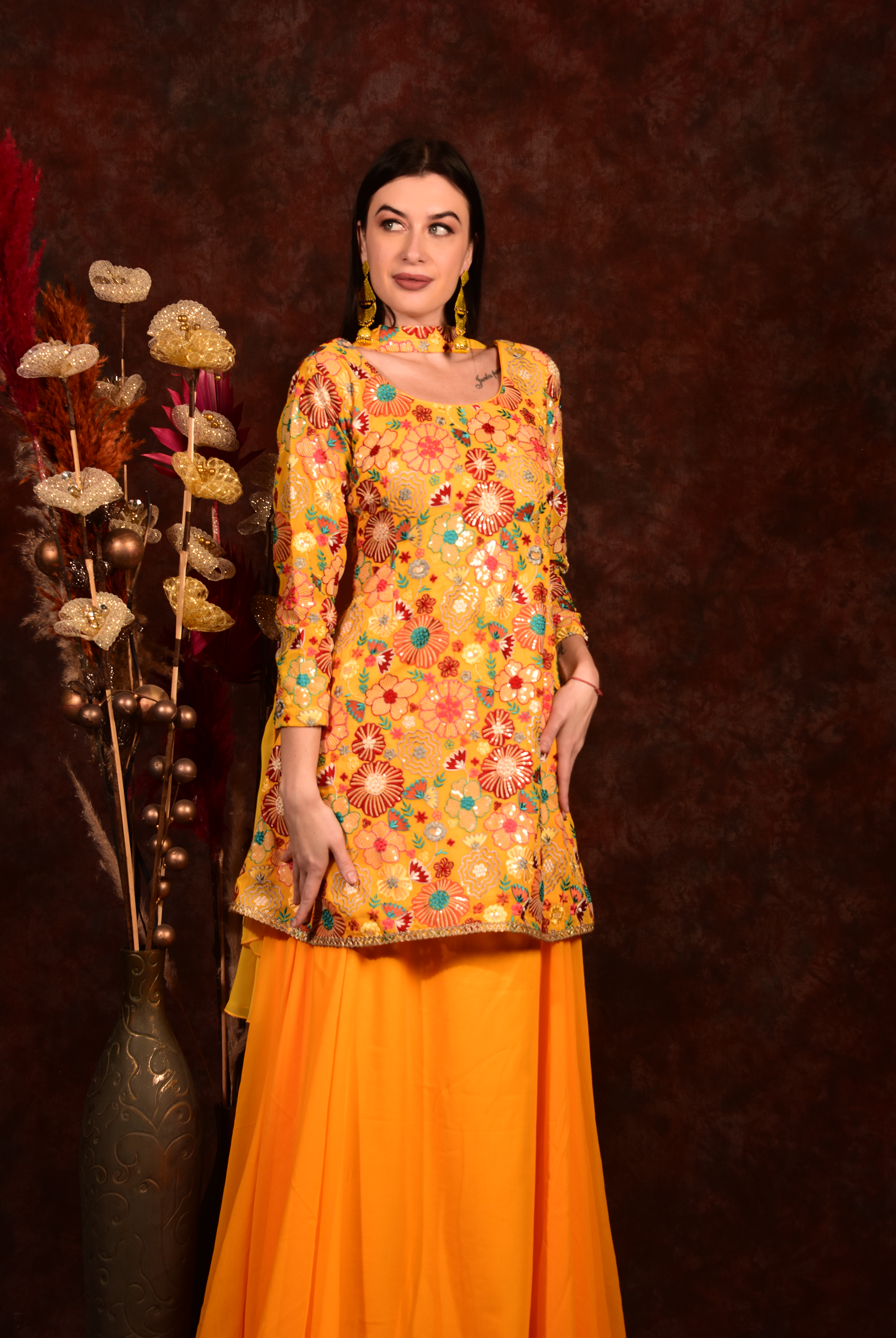 Laalzari yellow floral peplum top with skirt and dupatta for women — full-length view