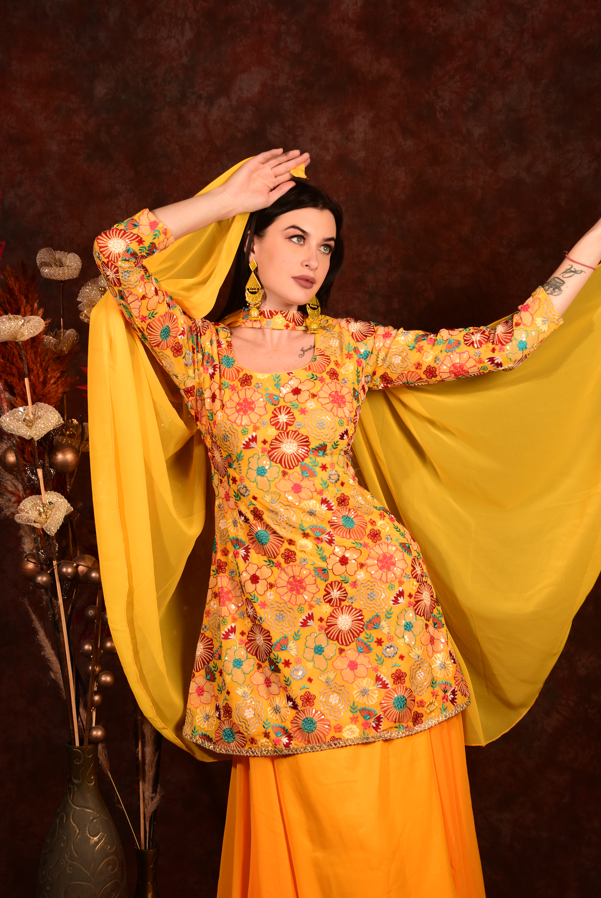 Laalzari yellow floral peplum top with skirt and dupatta for women — side view