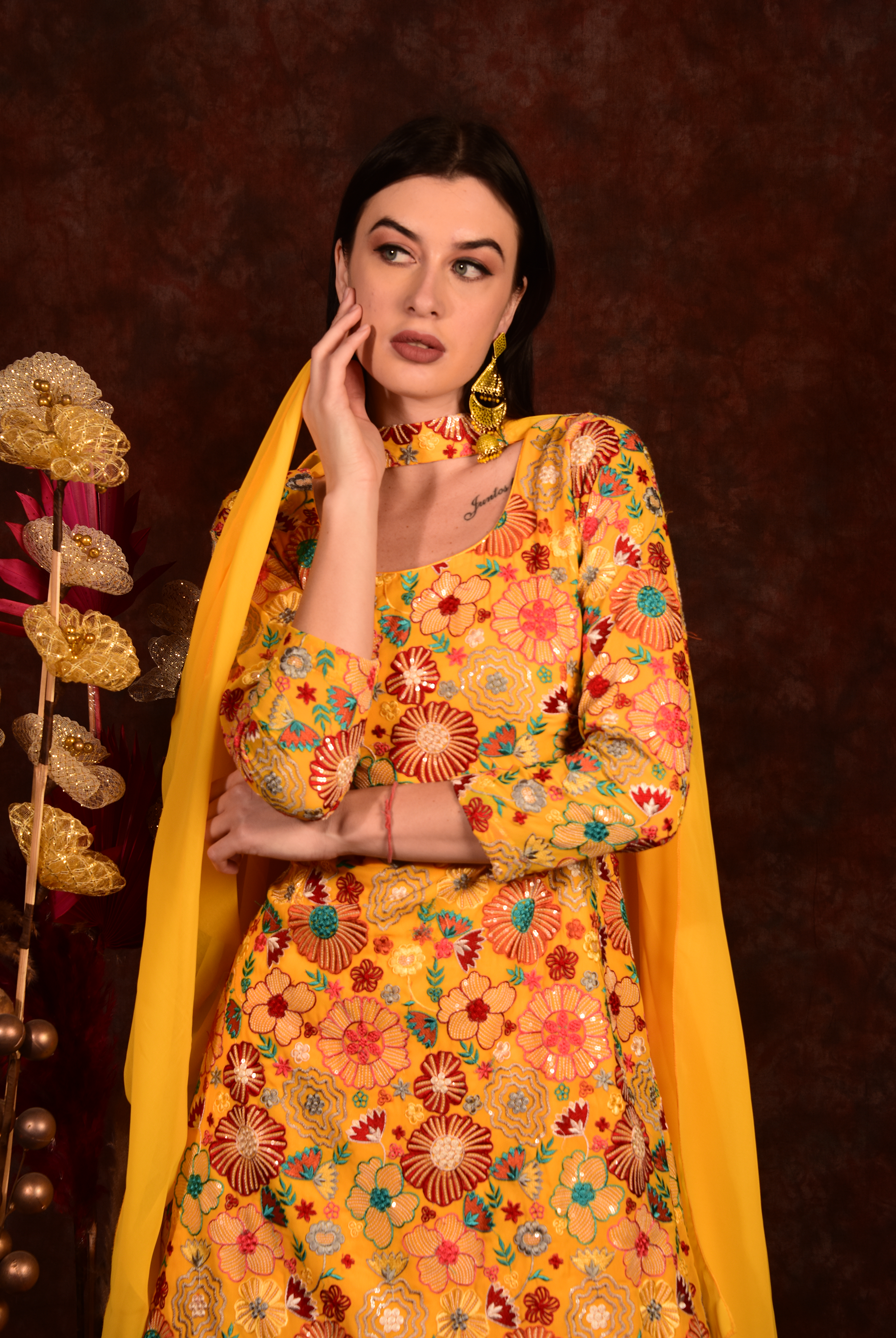 Laalzari yellow floral peplum top with skirt and dupatta for women — back view