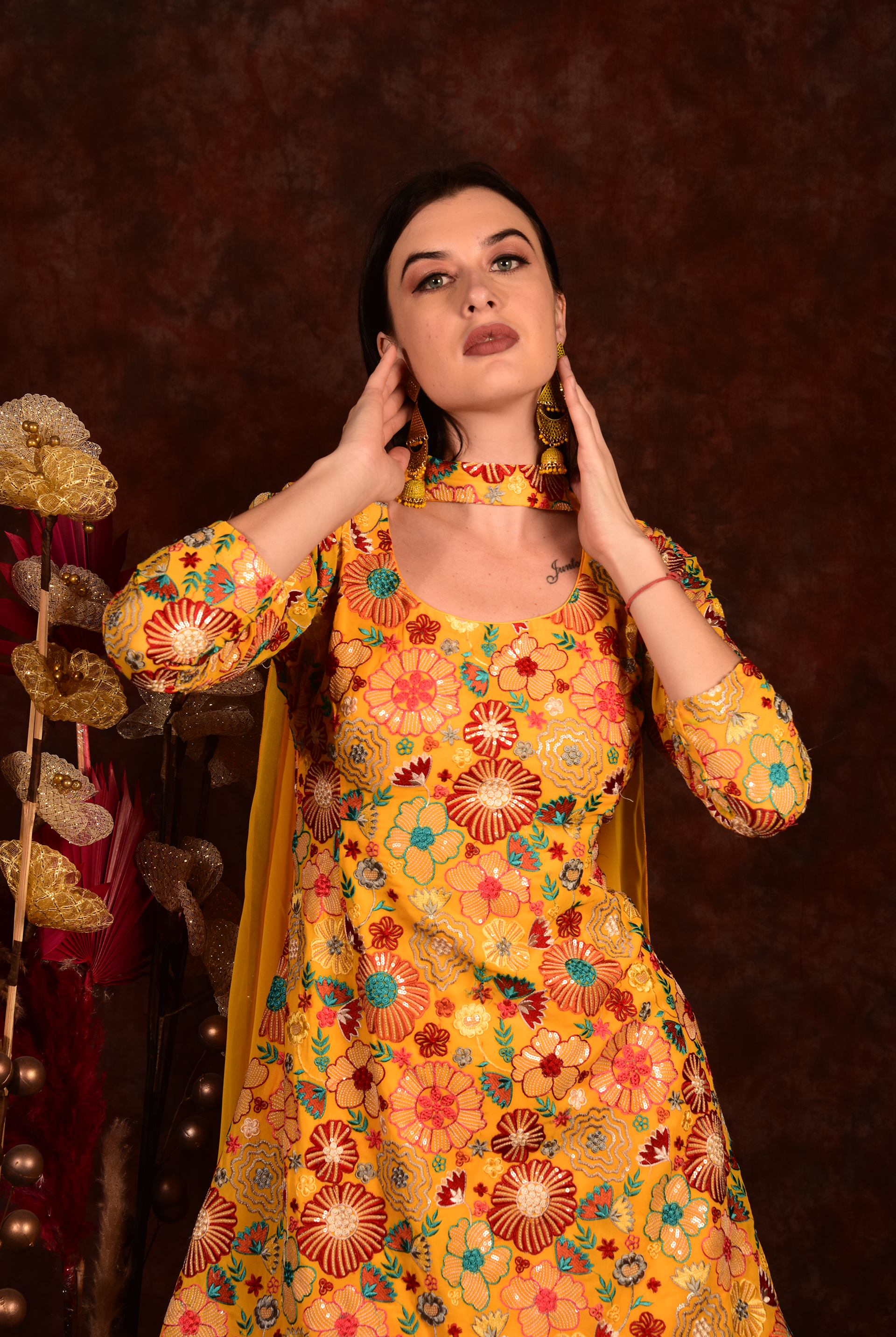 Laalzari yellow floral peplum top with skirt and dupatta for women — skirt detail