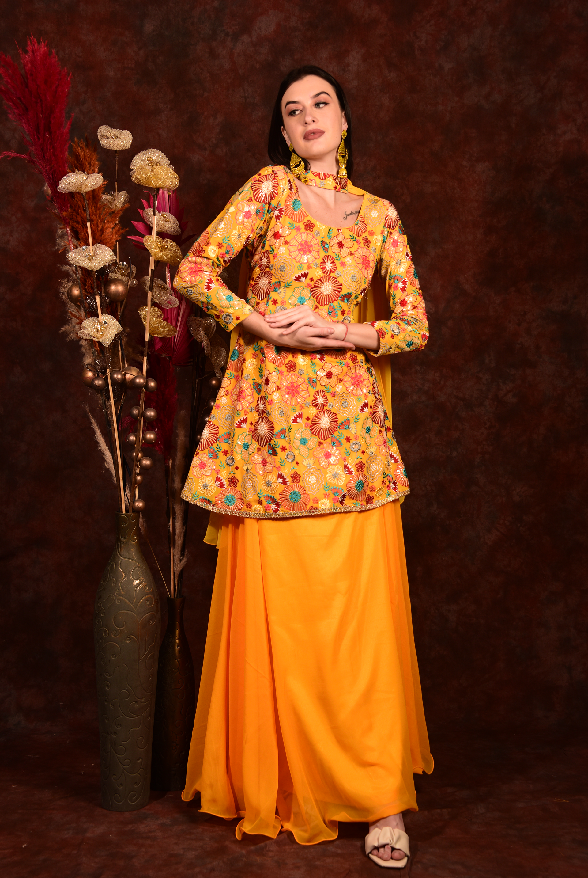 Laalzari yellow floral peplum top with skirt and dupatta for women — front view
