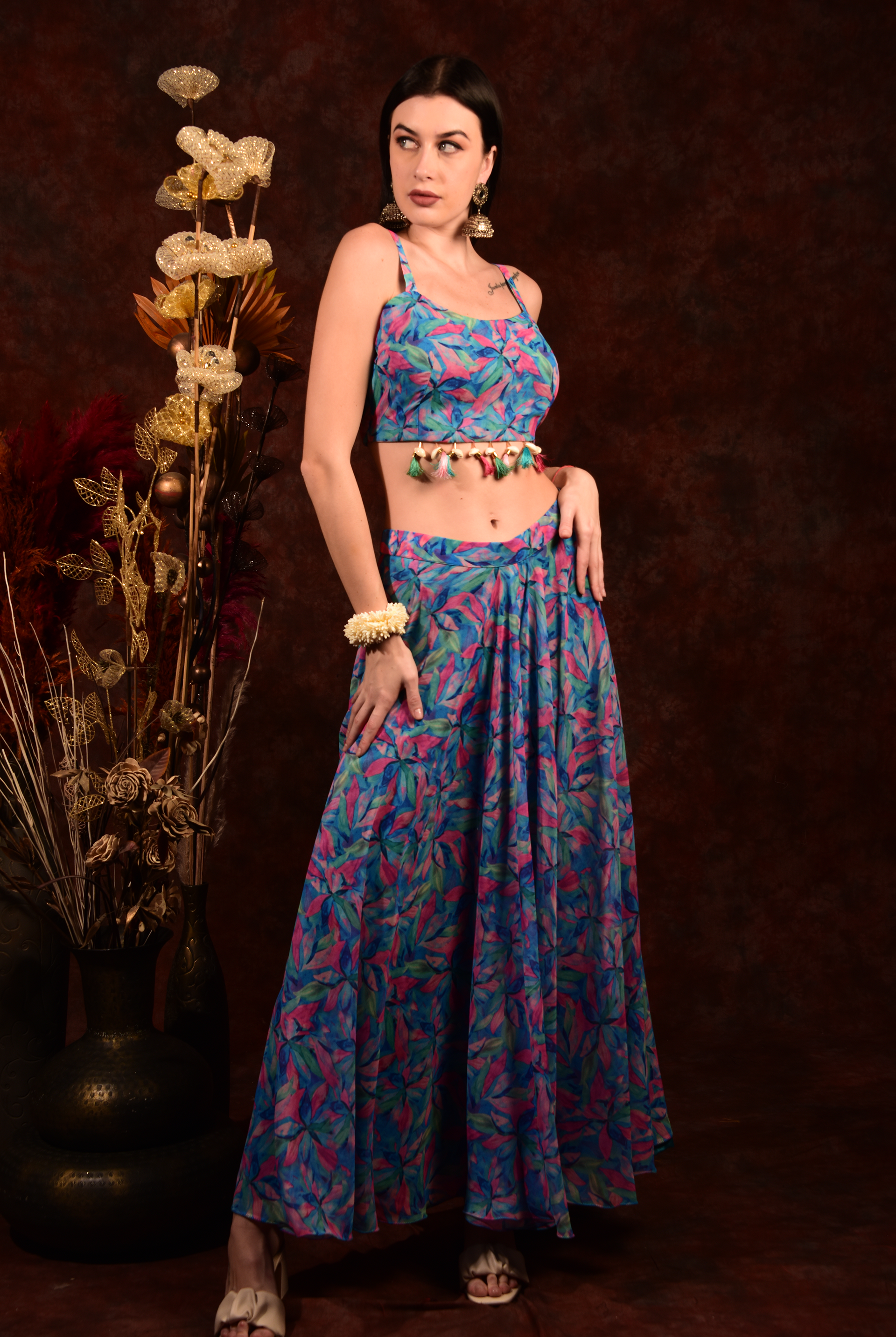 Laalzari crop top jacket with wide palazzo festive set for women — full-length view