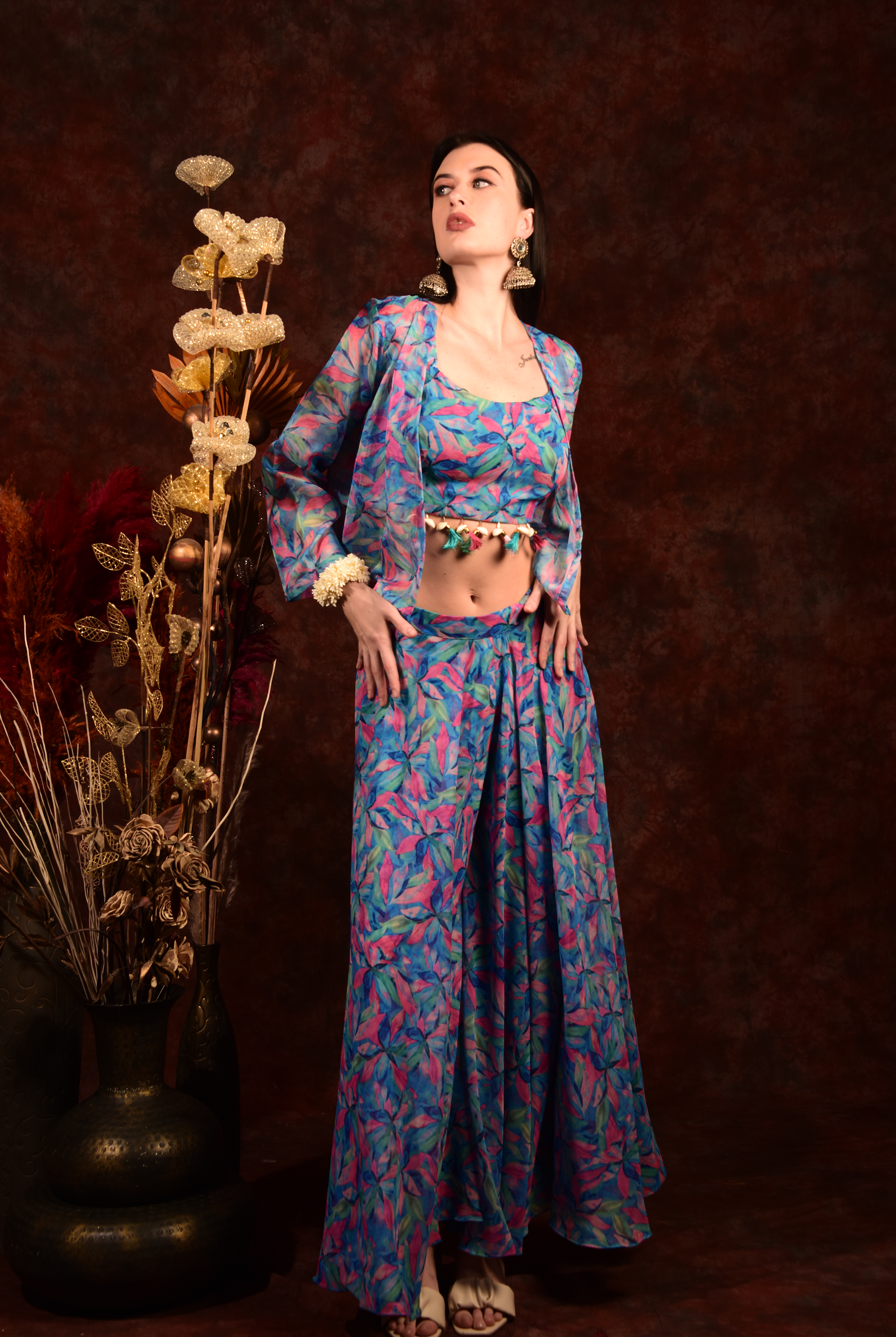 Laalzari crop top jacket with wide palazzo festive set for women — front view